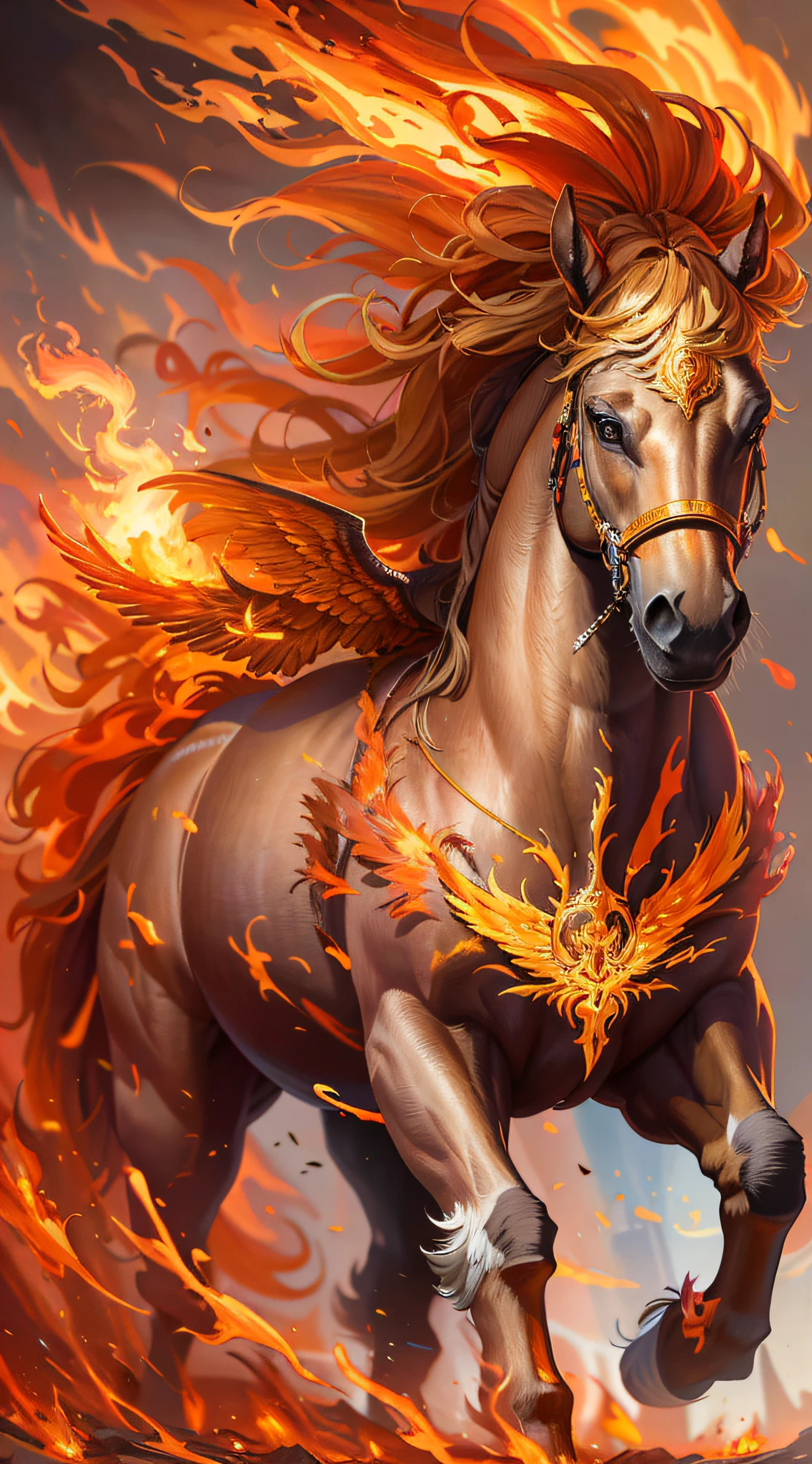 painting of a horse with a fire mane running through the air, fire and flames mane, with fiery golden wings of flame, with fiery golden wings, ornate with fiery explosions, fantasy art behance, holy fire spell art, graphic artist magali villeneuve, high quality fantasy art, ''wallpaper of a phoenix, pegasus, epic fantasy digital art style, horse warrior