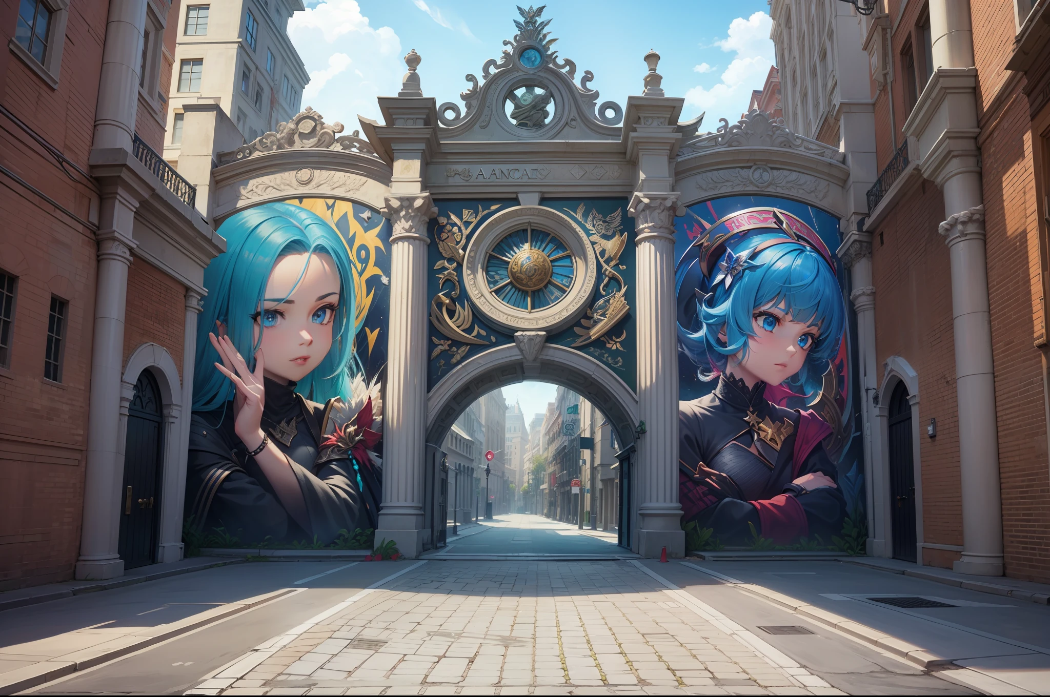 raw photo, fantasy academy gate wall in street art, extremely detailed and fine,