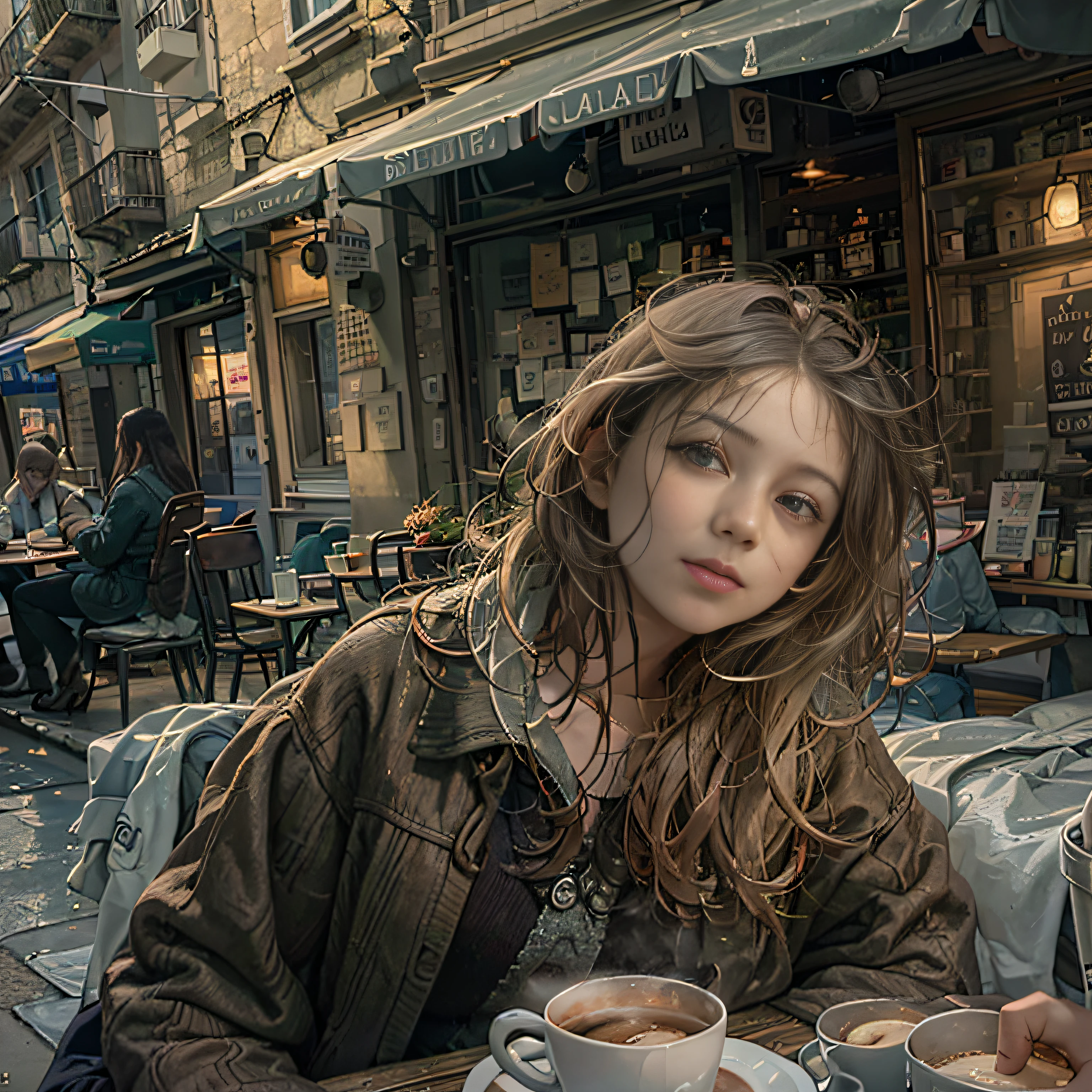 (8K,RAW photos,best qualtiy,tmasterpiece:1.2),(realisticlying,photograph realistic:1.37),A woman who is,In a street café,drinking a coffee