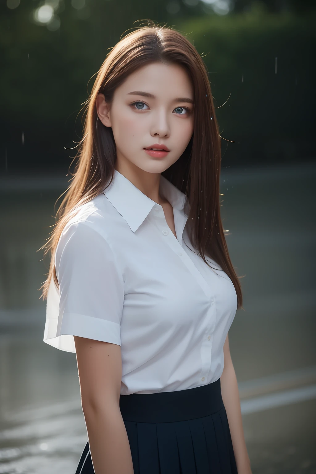 best quality,masterpiece,ultra high res,(photo realistic:1.4),1 girl,medium breasts,big blue eyes,brown hair, white button shirt, black skirt, school uniform, cute,young,posing,very long hair, looking at viewers,rain, wet, professional lighting, physically-based rendering