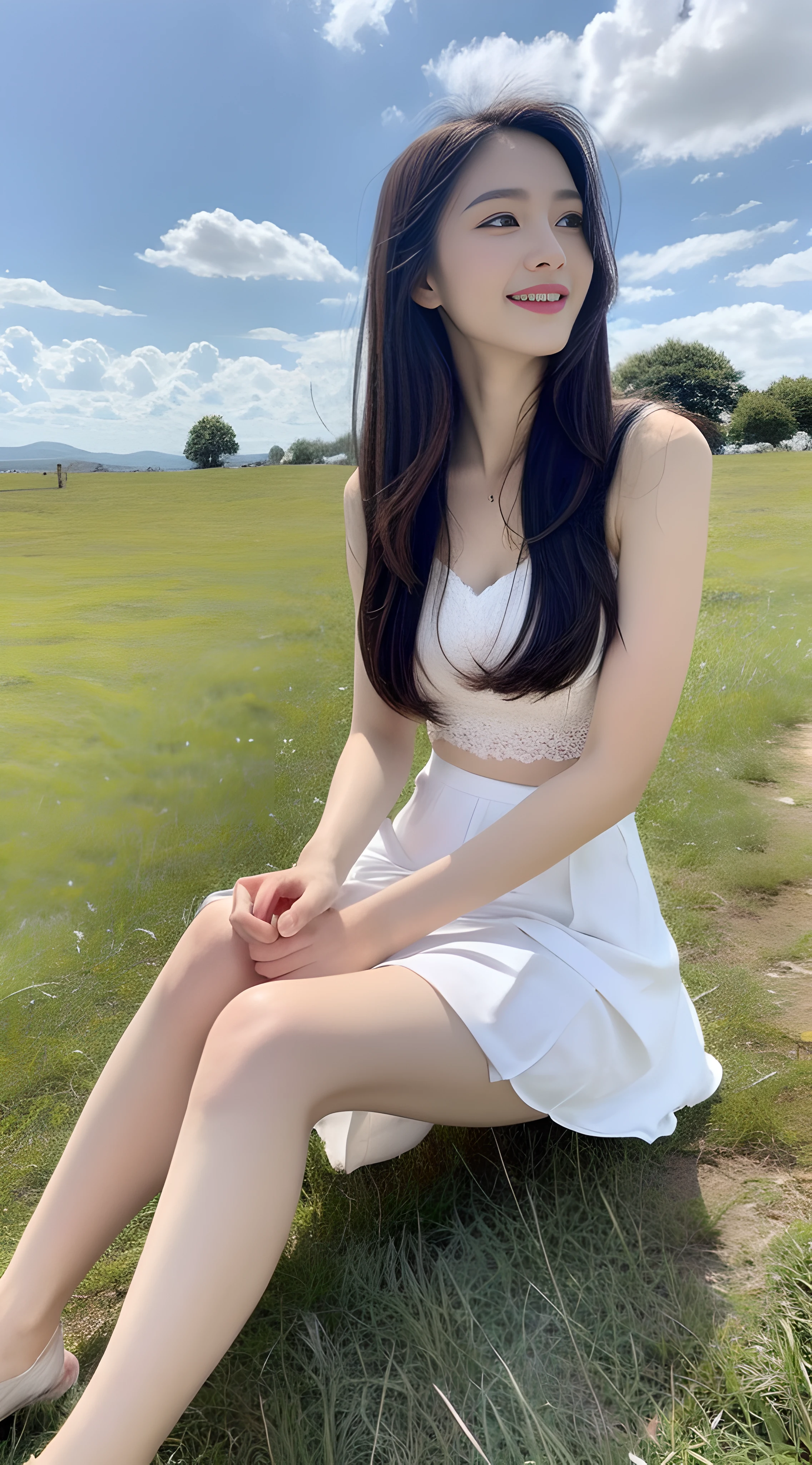 A nice and cute girl，Full body photo，Extremely beautiful and delicate，Black color hair，A sweet smile，Delicate and beautiful fair skin，Realistic and realistic，exquisite and complete facial features，Detailed depiction of the face，tall nose bridge，Smooth hair，extremely detail hair，Feminine temperament，Fill your face light，Tall and tall，Thin，Realiy，Hyper-realism，full body shot shot，Forward tilt angle,Extreme picture quality,Highest precision,Precise and perfect human anatomy。with blue sky and white clouds，Sitting on the Steppe，with blue sky and white clouds，rays of sunshine，cattle and sheep，(White chiffon skirt)Panties are clearly visible. telephoto shot，Express the landscape，Highlight portrait。