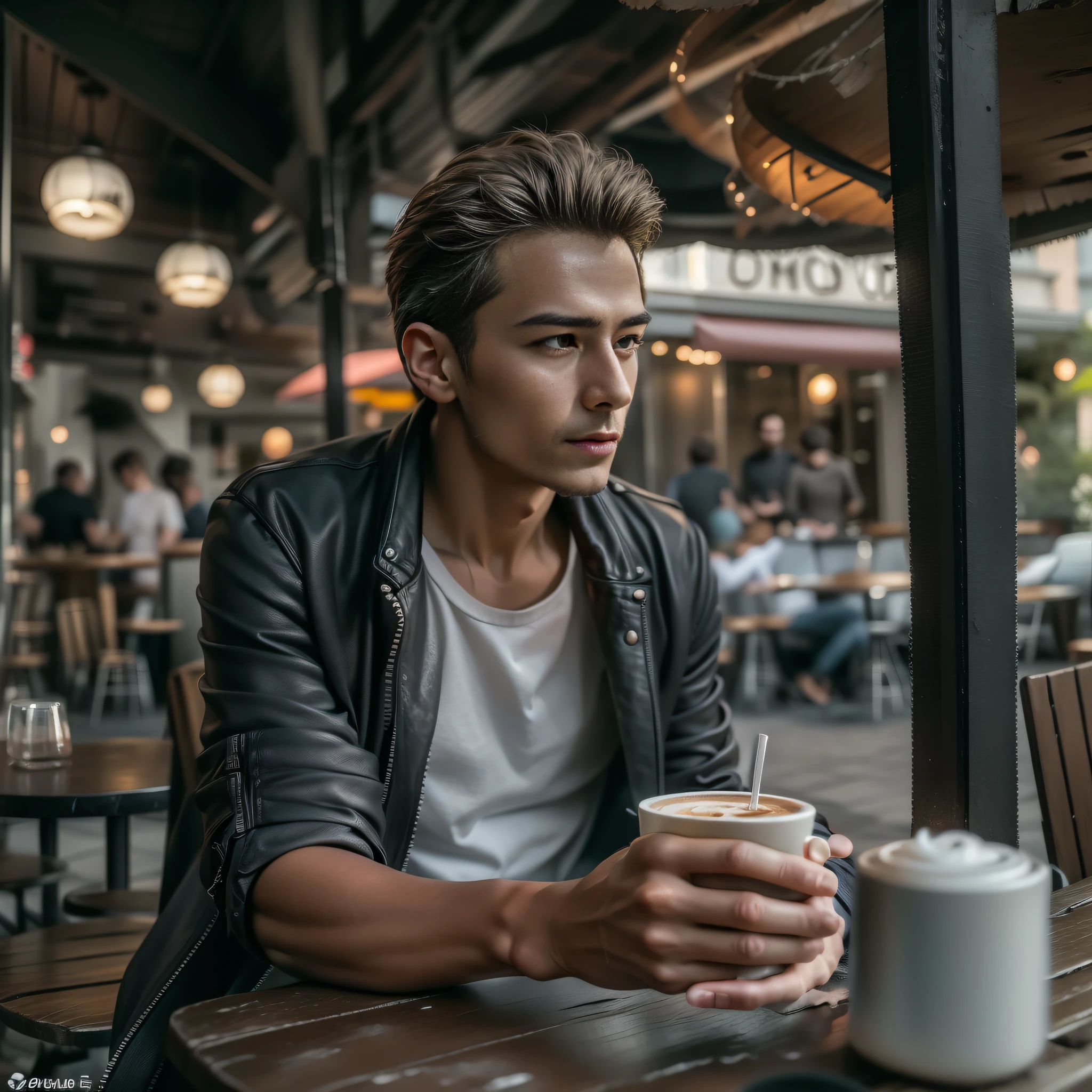 (8K,RAW photos,best qualtiy,tmasterpiece:1.2),(realisticlying,photograph realistic:1.37),of a guy,In a street café,drinking a coffee