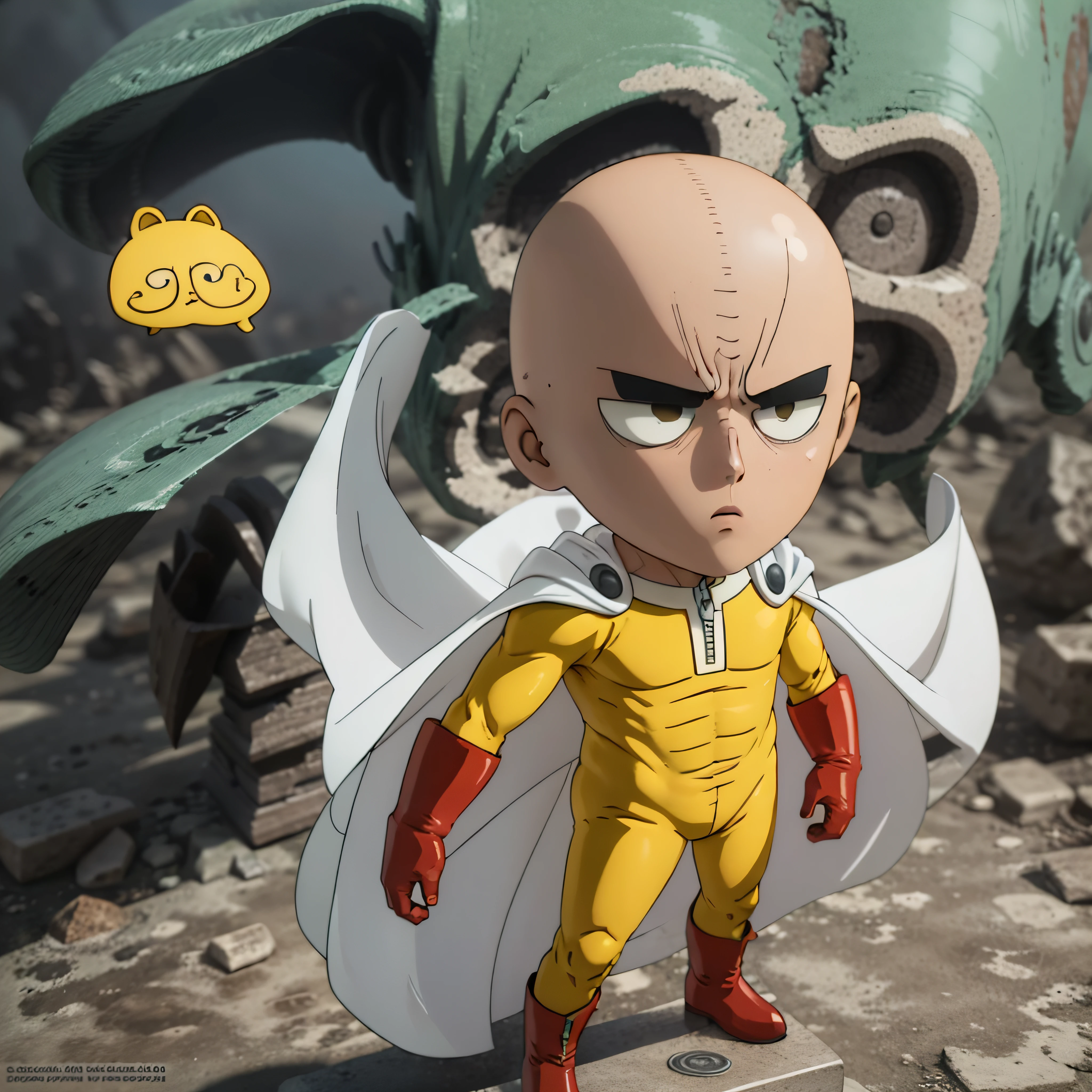 3D art, (chibi), One Punch Man Saitama, kawaii, yellow bodysuit, white cape, long red rubber gloves, Red boots, 3d rendering, blender, oc renderer, blind box figurine, stand on a pedestal