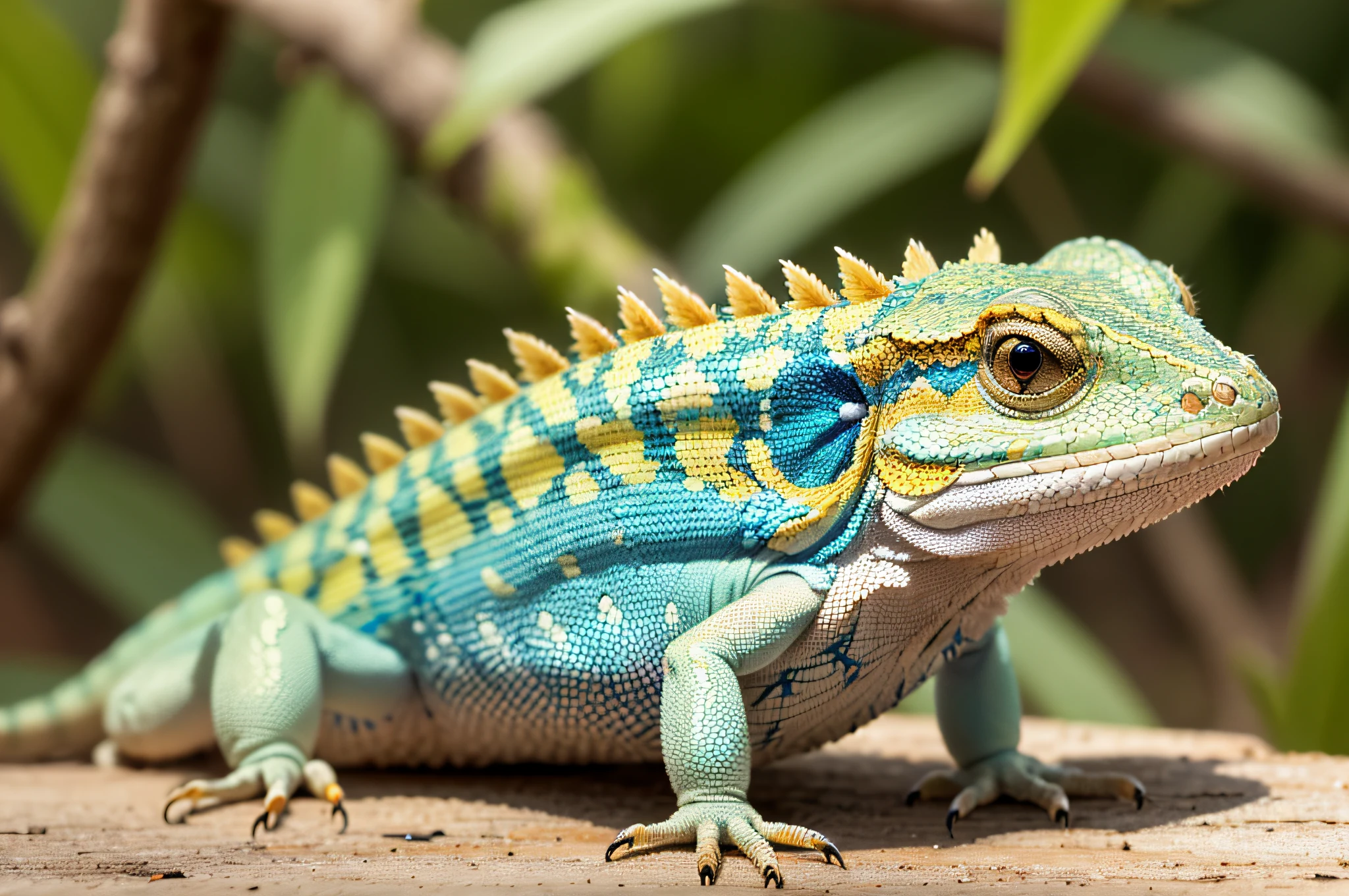 ((masterpiece)) A small lizard with holes and feathers.