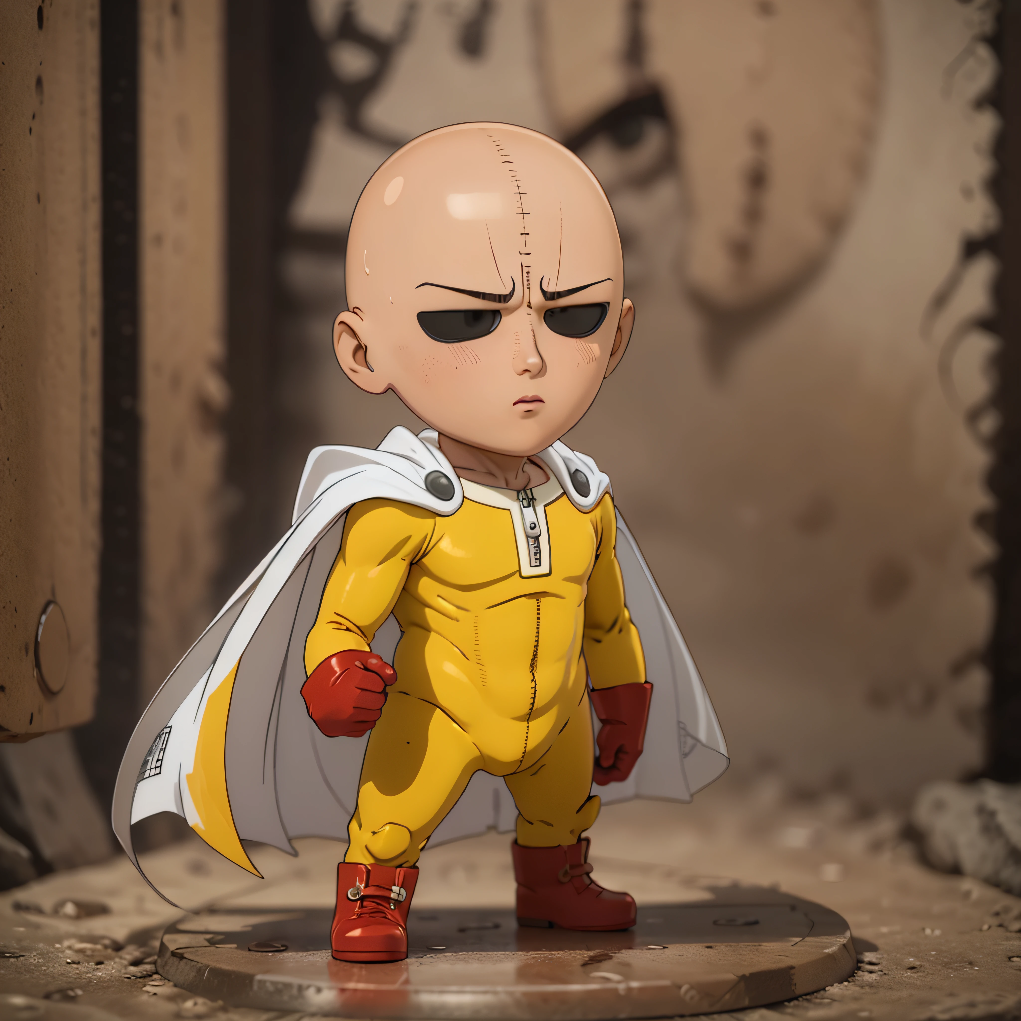 3D art, (chibi), One Punch Man Saitama, kawaii, yellow bodysuit, white cape, long red rubber gloves, Red boots, 3d rendering, blender, oc renderer, blind box figurine, stand on a pedestal