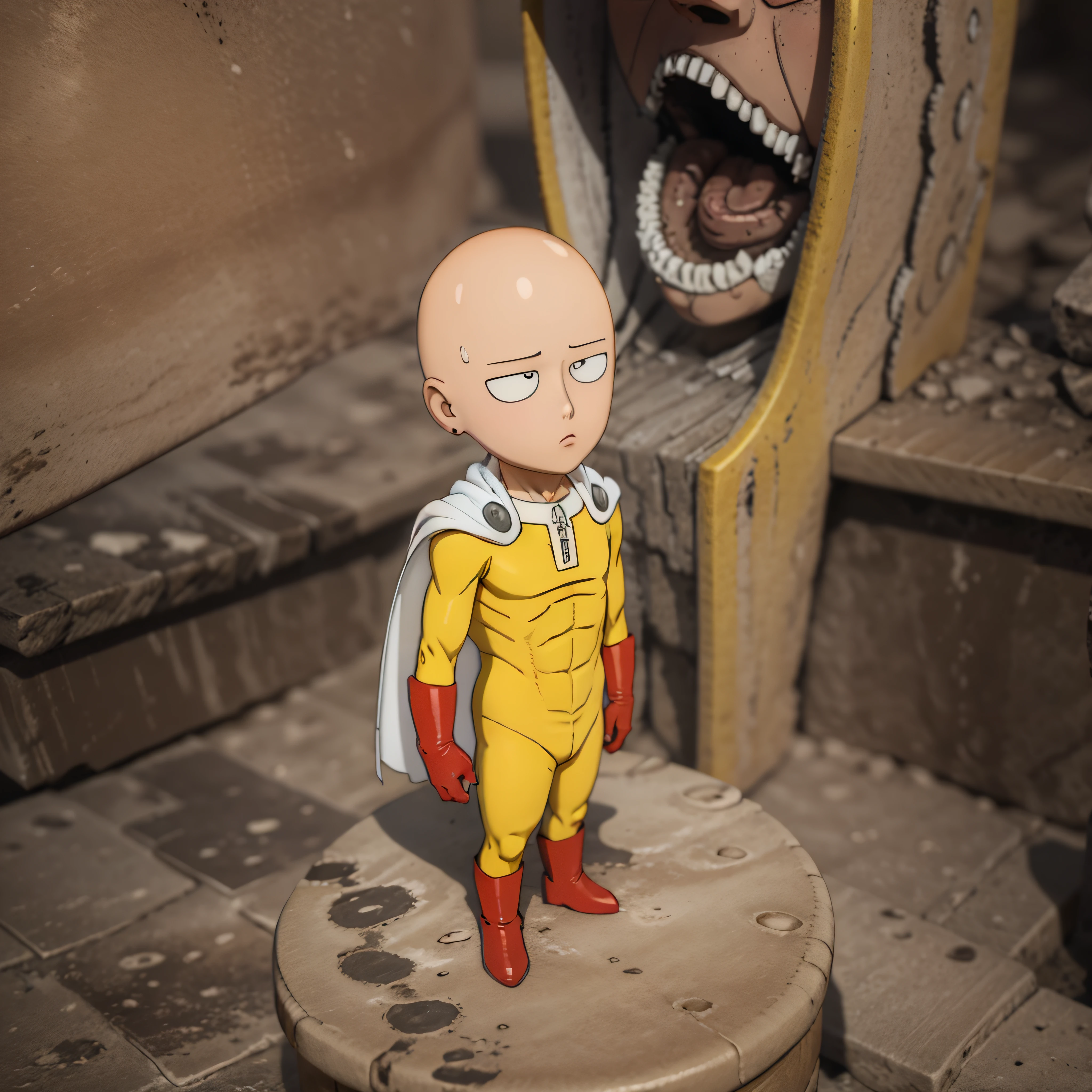 3D art, (chibi), One Punch Man Saitama, kawaii, yellow bodysuit, white cape, long red rubber gloves, Red boots, 3d rendering, blender, oc renderer, blind box figurine, stand on a pedestal