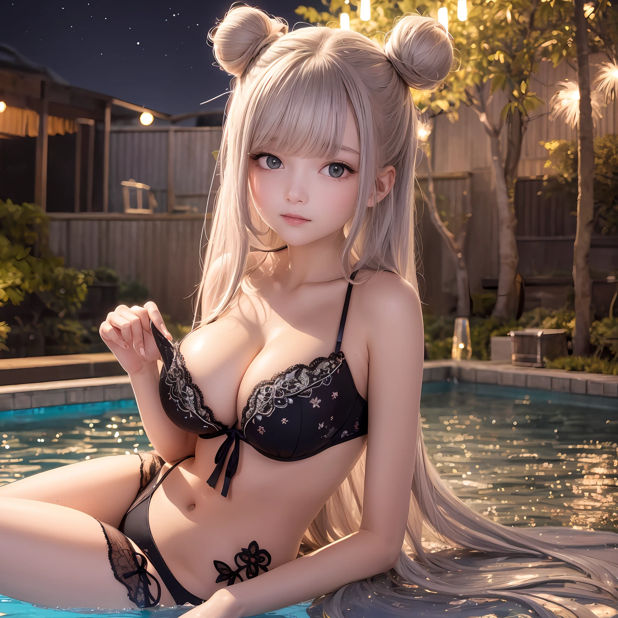 The upper part of the body、one girls、I have silver hair、Bun hair、Extremely large breasts、Gorgeous floral lace embroidered bra、Gorgeous floral lace embroidered T-back、cleavage of the breast、Japan anime-style odd-eye,in poolside、nighttime scene、Beautiful fireworks in the night sky、