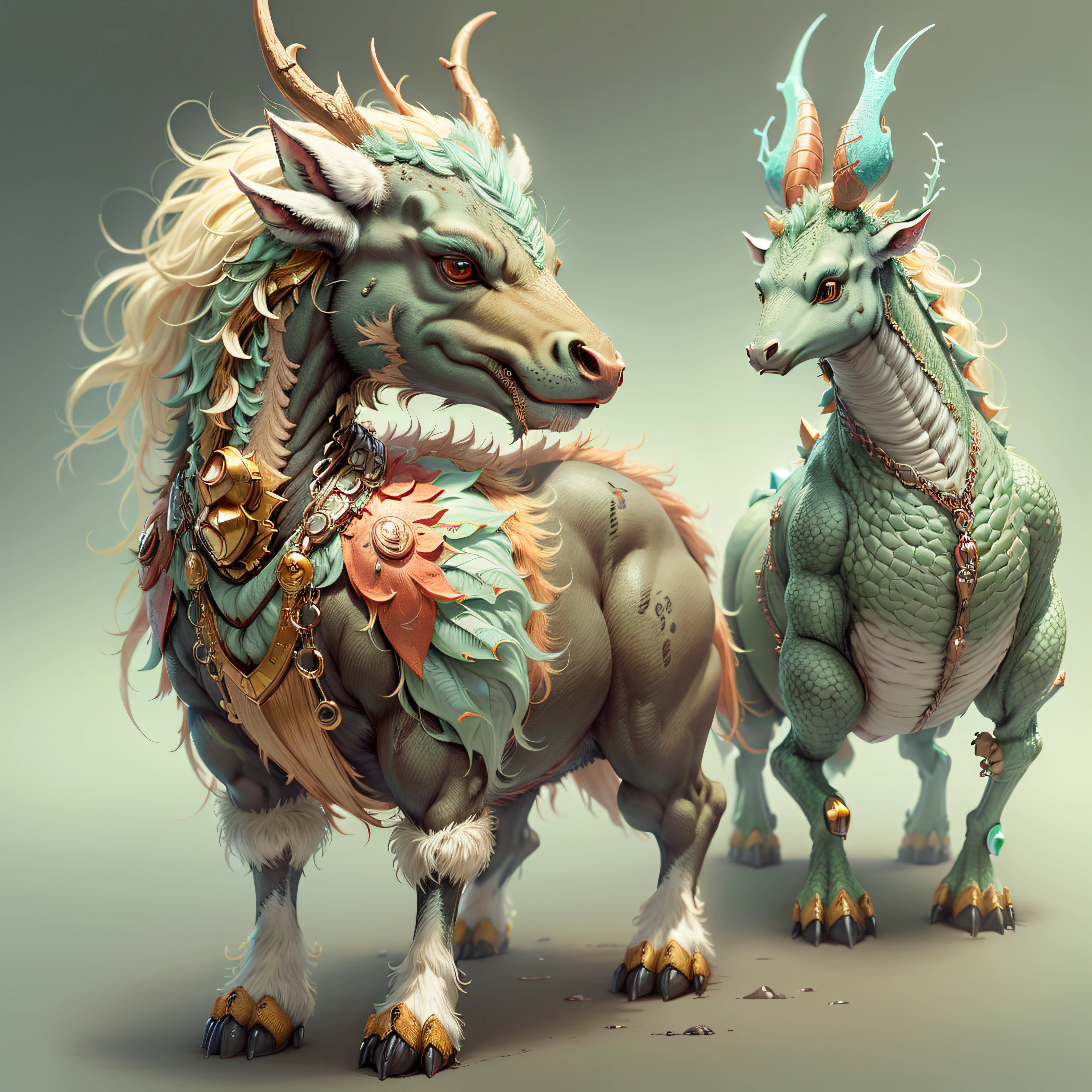 A cute fantasy creature，The head of the dragon，The body of an elk，Horse's feet，The tail of the cow，There are colorful fur lines on the back，full bodyesbian，fulldetail，white backgrounid，hdr，best qualityer，8K