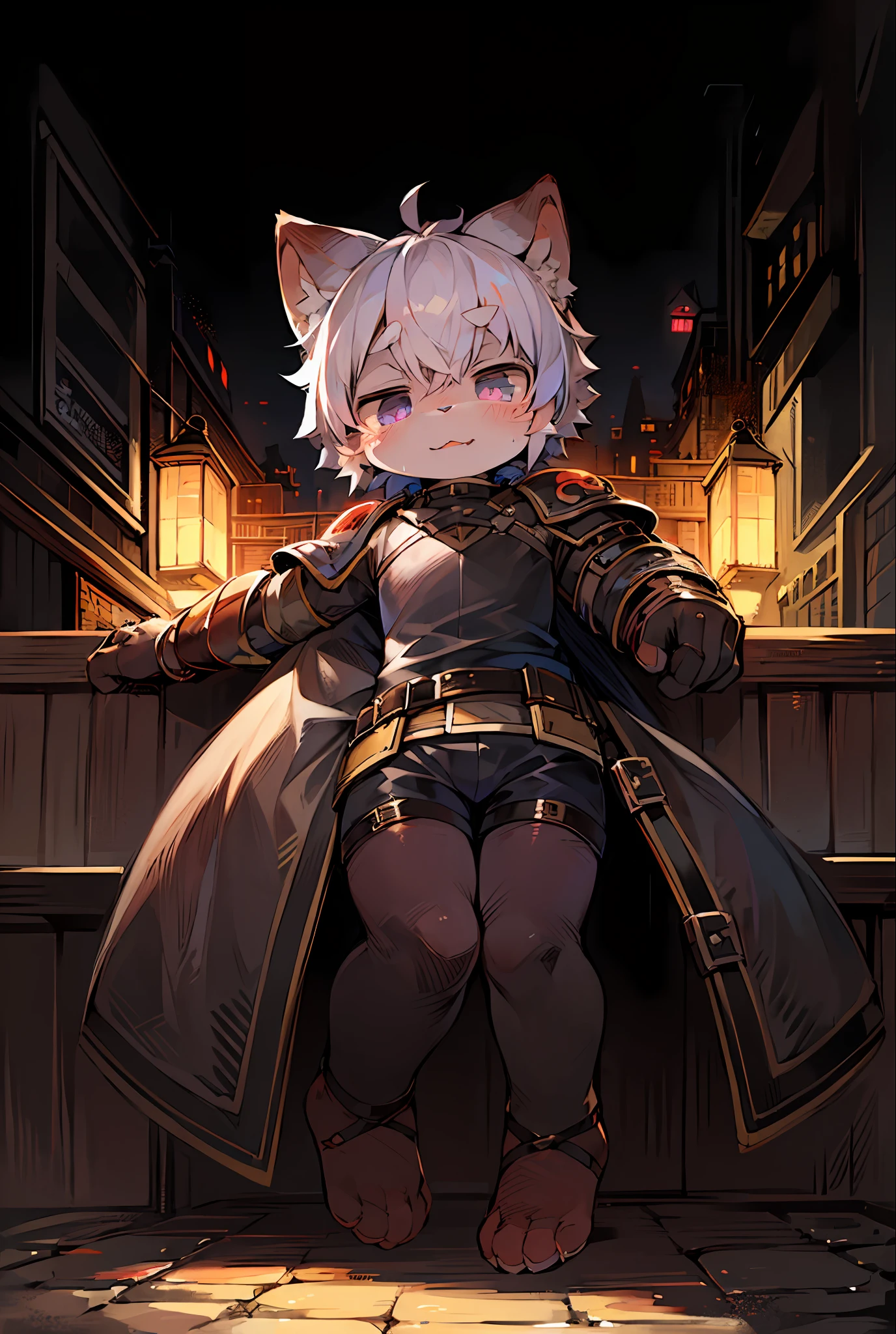 tmasterpiece,high high quality,Absurd resolution,digitial painting\(artwork of a\),by Dagasi, Yupa,Kiyosan,(Fluffy fur,White fur,Full Body Furry,Cat pattern:1.2),anthro male cat, Shota,Purple-eyed,exteriors,Body armor