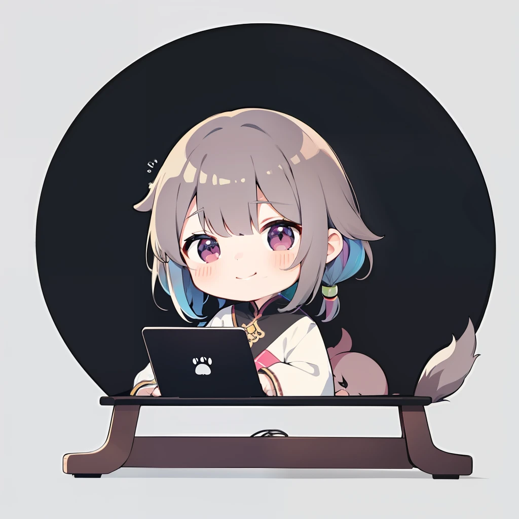 超A high resolution, nffsw, Best aesthetic, Best Quality, masutepiece, Flat Avatar, Perfect litthing、(colourfull、vivd colour: 1.4)、a Dog、I am using a computer, Has iridescent hair,　is shy, A smile, hair adornments, Chibi, simple background, 耳环, jewely, side locks, large oval eyes,Flat Avatar,  simple background, A dark-haired,