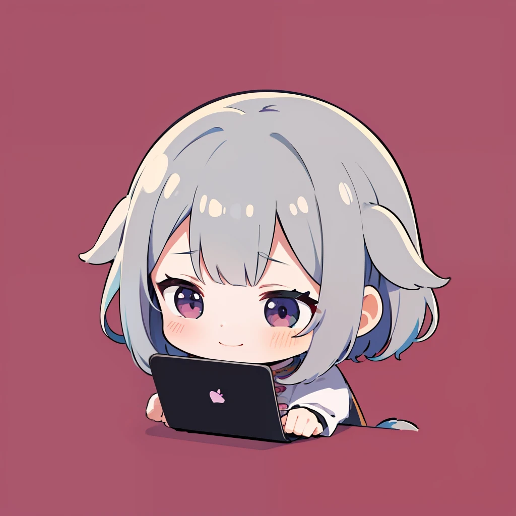 超A high resolution, nffsw, Best aesthetic, Best Quality, masutepiece, Flat Avatar, Perfect litthing、(colourfull、vivd colour: 1.4)、a Dog、I am using a computer, Has iridescent hair, is shy, A smile, hair adornments, Chibi, simple background, 耳环, jewely, side locks, large oval eyes,Flat Avatar, simple background, A dark-haired,