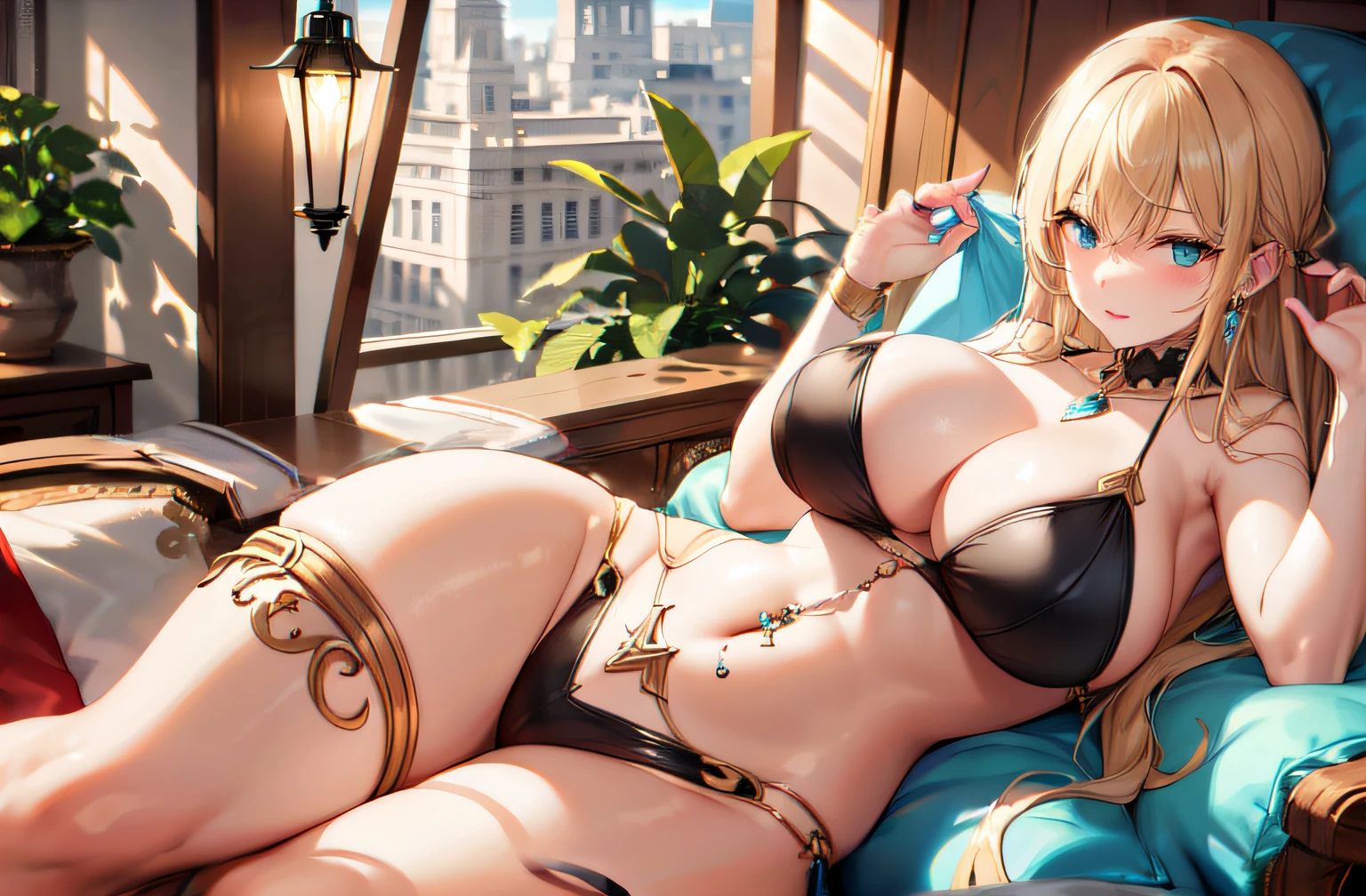 goddess relaxing on bed (oblong navel:1.5), (round shiny navel piercing:1.1), (massive breasts)