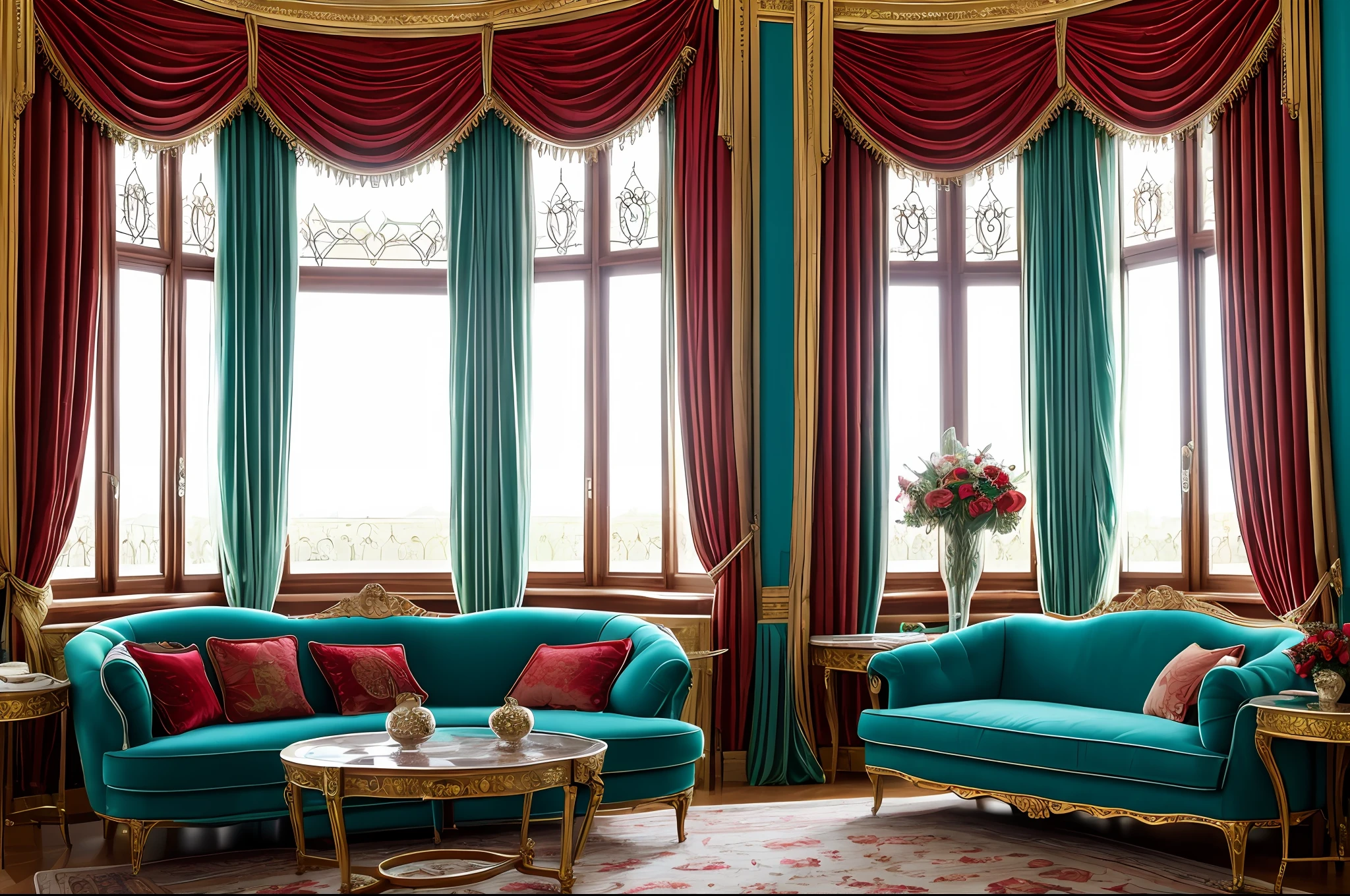 (artwork, high-quality photography), there is a room with a red curtain and (a vase of flowers), baroque style painting background, (beautiful curtains), background made of large curtains, red, turquoise and red venetian blinds, elegant and ornate, ornate and elegant, baroque interior, photo of a beautiful window, ornate background, elegant baroque, alizarin curtains, royal interior, wrapped in velvet and flowers