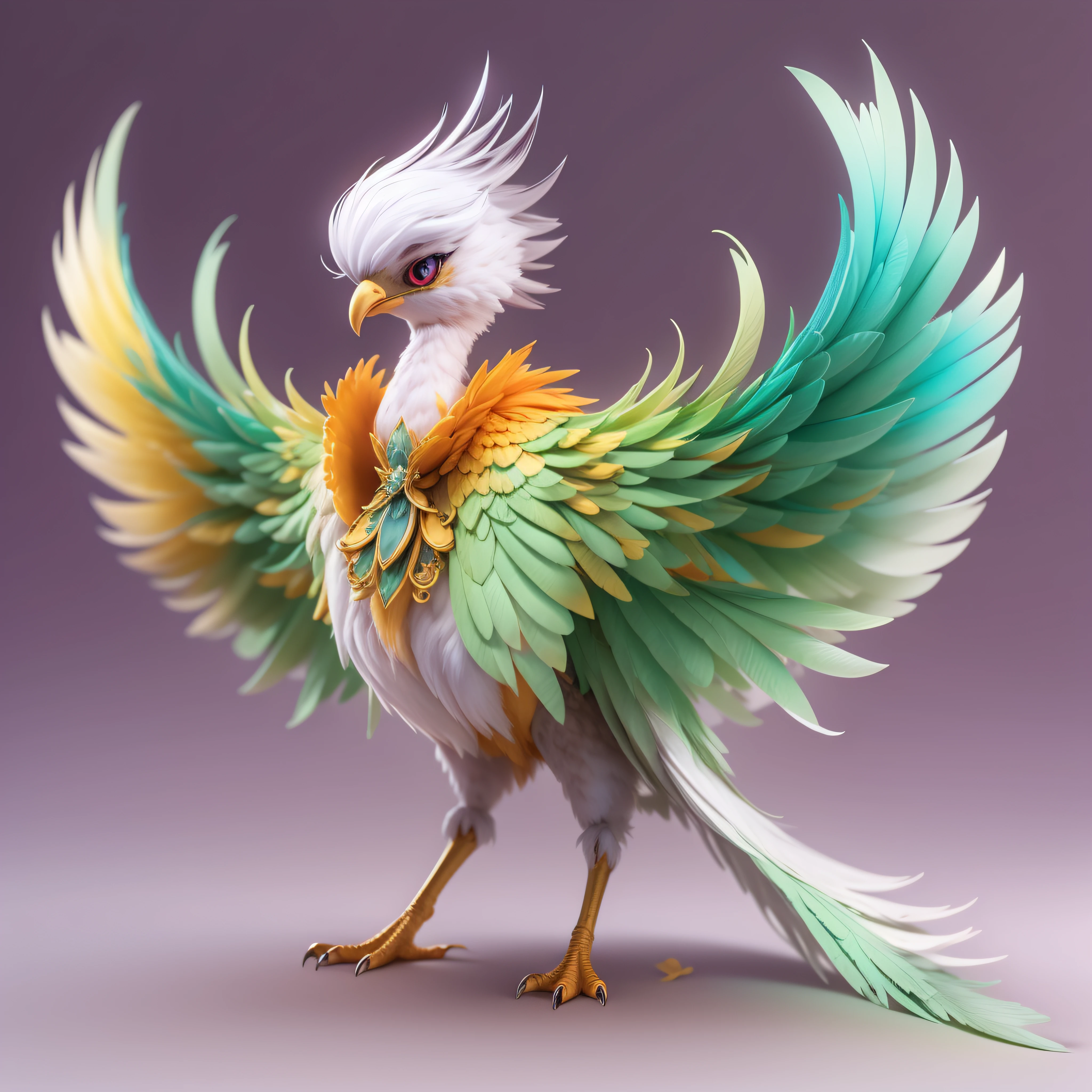 Cute fantasy bird，Extra-long tail，Huge wings，The whole body is covered with colorful feathers，full bodyesbian，fulldetail，white backgrounid，best qualityer，DHR，8K