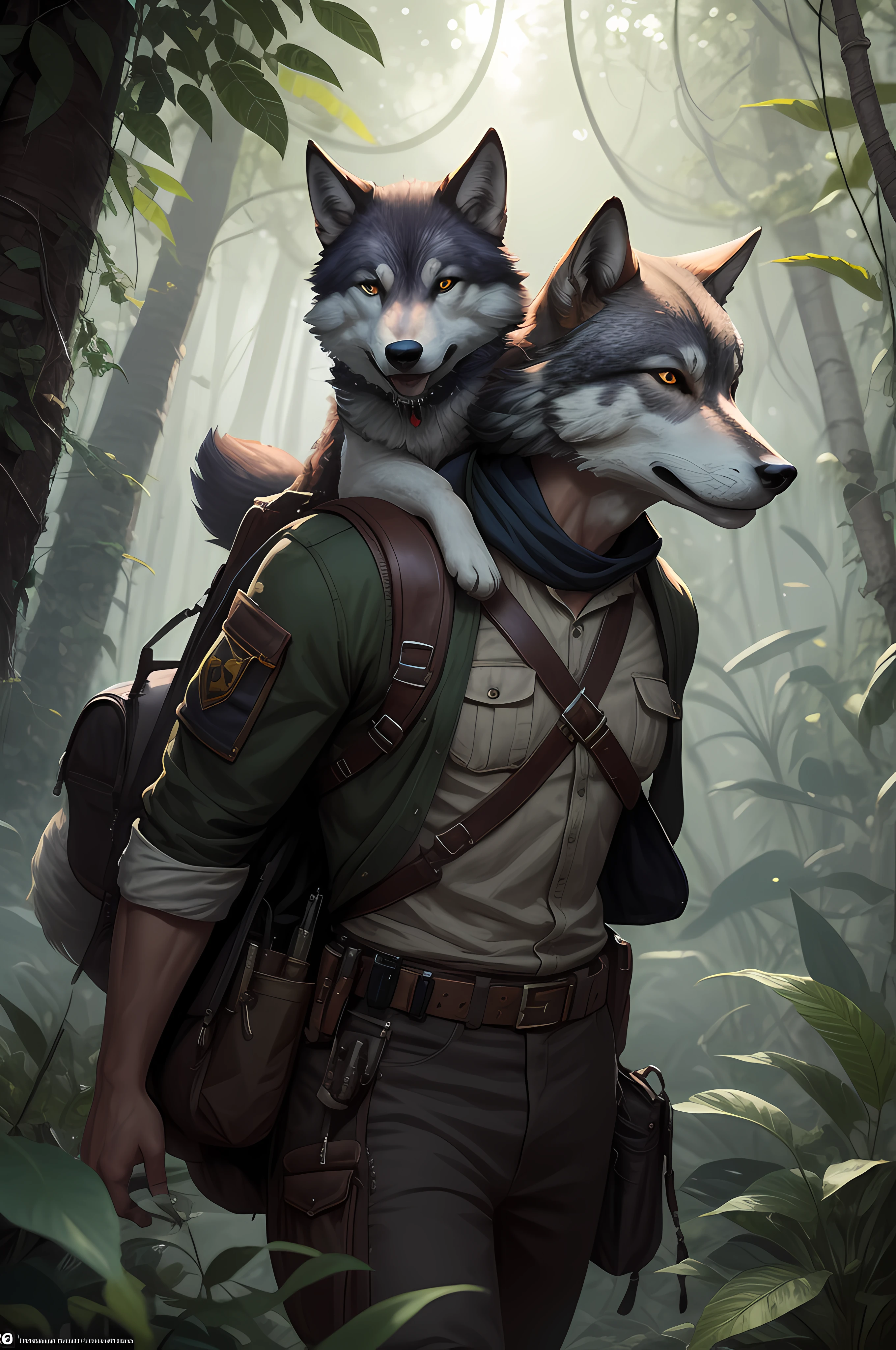 A masked male ranger stealthily making his way through a dense, enchanted jungle. His bow is slung over his shoulder, and his animal companion, a loyal wolf, follows closely behind. The foliage is vibrant and lush, teeming with magical creatures and vibrant, exotic flowers. ray tracing, trending on artstation, masterpiece, best quality, intricate detail, 8k, digital painting, art by Magali Villeneuve, concept art, illustration, volumetric lighting, Unreal Engine 5