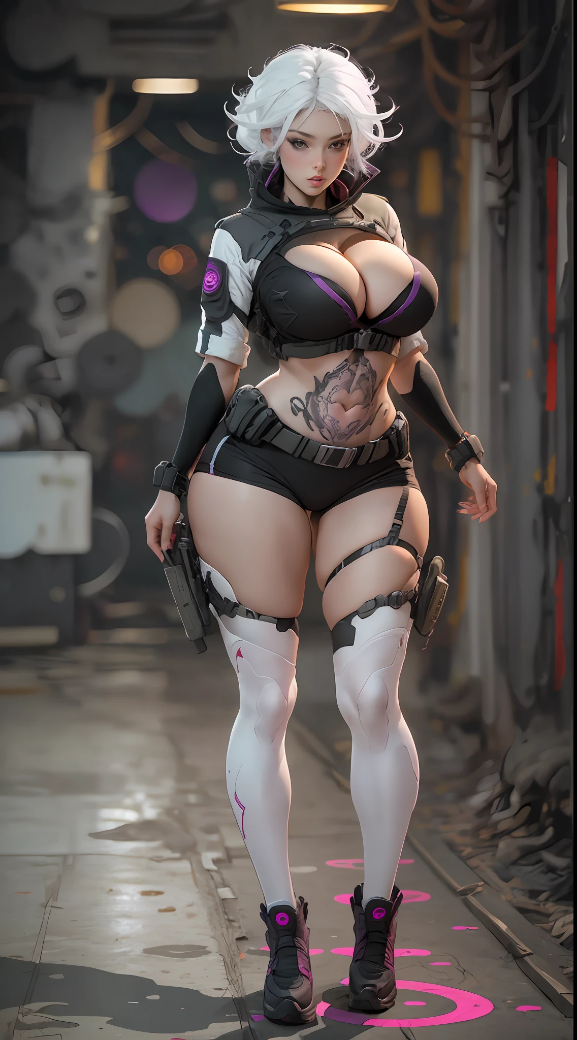 black, pink, white, purple, (white hair woman), (full body shot), tattoos, curvy, big breasts, cleavage, sexy, erotic, (tactical techwear clothes:1.1), abstract lines and circles background
