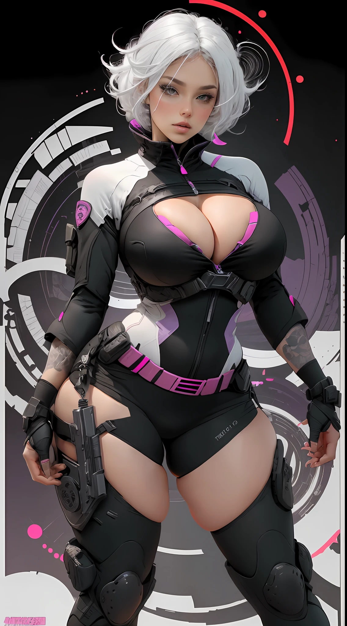 black, pink, white, purple, (white hair woman), (full body shot), tattoos, curvy, big breasts, cleavage, sexy, erotic, (tactical techwear clothes:1.1), abstract lines and circles background