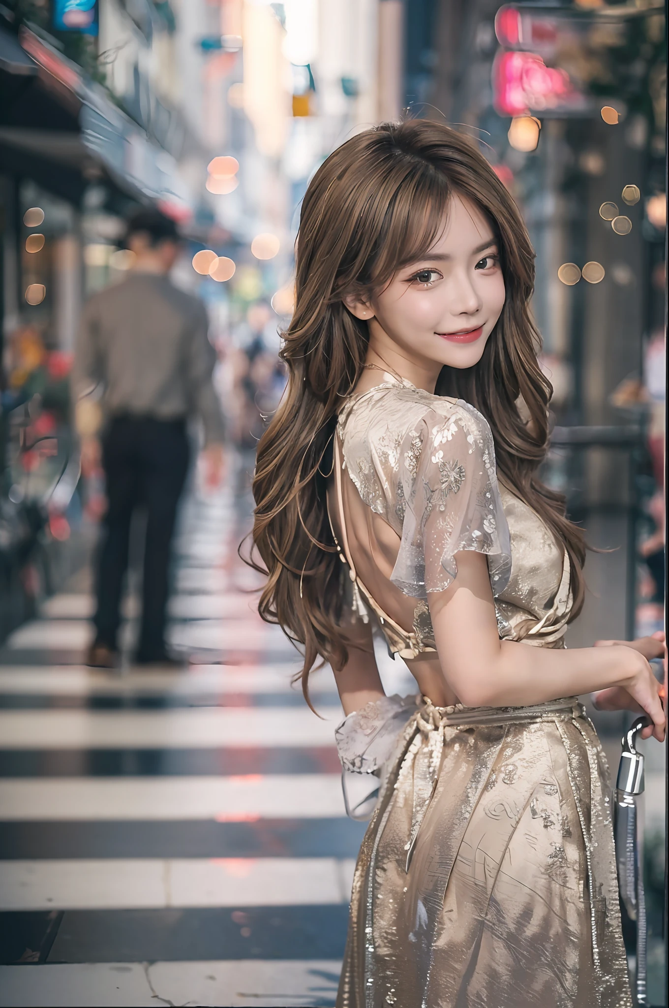 ((Best quality, 8k, Masterpiece :1.3)), 1girl, smiling, full body, slim face, Pretty woman, (Dark brown hair), full length dress :1.1, Ultra-detailed face, Detailed eyes, Double eyelid, blur background, slim face, city, outside, street,