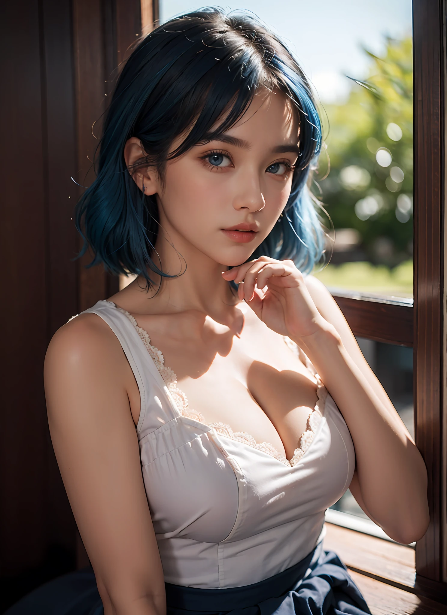1girl, beautiful anime girl, beautiful perfect face, young girl, (blue hair:1.3), (short hair), hair bangs, beautiful hair, beautiful eyes, (blue eyes), big blue eyes, maid outfit, beautiful maid outfit, detailed maid, perfect body, perfect skin, round face, good anatomy, good hand anatomy, good breast anatomy, good face anatomy, good eye anatomy, good ear anatomy, good perfect body, perfect breast, detailed face, detailed eyes, detailed body, detailed breast, cinematic quality, wide field of view, japanese room, japanese house background, beautiful traditional japanese home, hyperrealistic room, high quality lighting, realistic lighting, masterpiece, detailed lighting realistic lighting, 4k, 8k , raw ult,portrait photography, high resolution photography, focus on subject, beautiful girl photography wallpaper, (perfect-shadows-highlights), (picture-perfect-face-body), cleavage, realistic body, realistic face, realistic breasts, realistic hands, realistic hair, perfect face, perfect body, perfect breast, perfect hands, perfect hair, good anatomy, detailed body, detailed face, detailed hands, detailed breast, good hand anatomy good body anatomy, good breast anatomy, perfect anatomy, (realistic:1.5), (photorealistic:1.5), hyperrealistic, super realistic, intricate details, fine details, good lighting, good lighting dynamic range, photorealistic lighting, cinematic lightning background, photorealism, dynamic Lighting, intricate lighting, realistic lighting directional lighting, cinematic lightning, super sharp, sharp details, very high resolution, sharp resolution, 4k resolution, 8k resolution, 10 bit raw high quality, (masterpiece:1.5), (photograpic-detailed-real background), perfect photography composition, indoor photography, photorealistic photography, realistic background, Photorealistic background, rose garden background, phography, Cinematic lighting background, photorealistic detailed background, super detailed subject, super detailed background