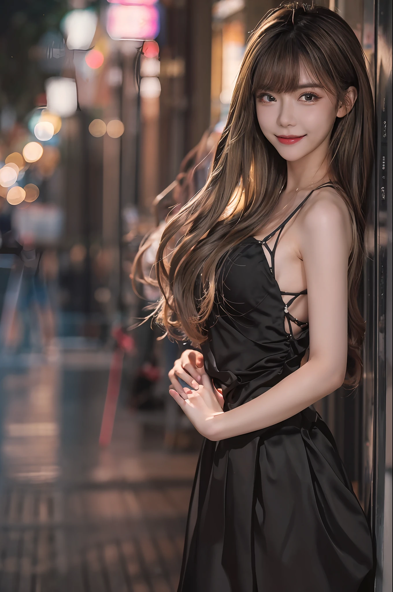 ((Best quality, 8k, Masterpiece :1.3)), 1girl, smiling, full body, slim face, Pretty woman, (Dark brown hair), full length dress :1.1, Ultra-detailed face, Detailed eyes, Double eyelid, blur background, slim face, city, outside, street,