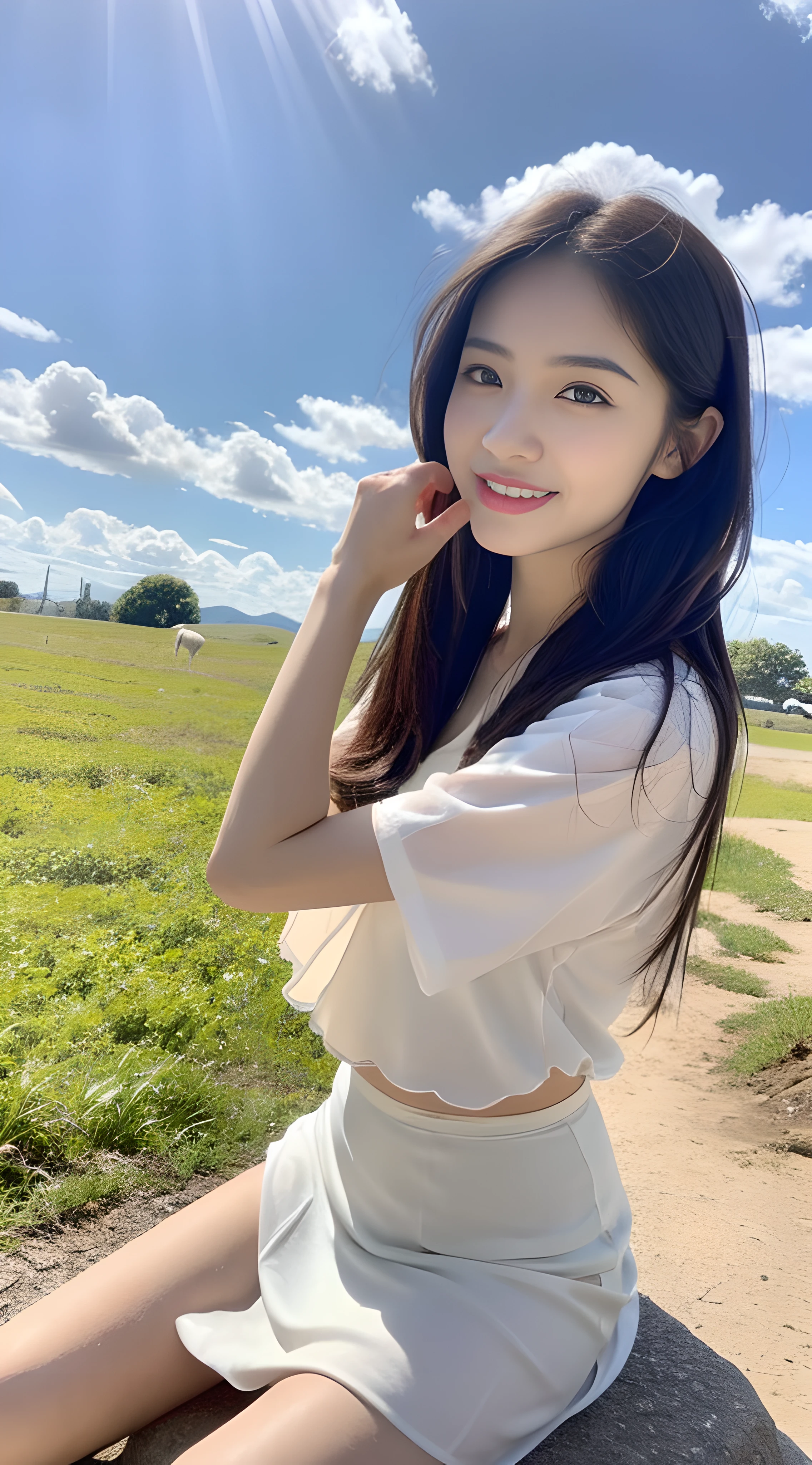 A nice and cute girl，Full body photo，Extremely beautiful and delicate，Black color hair，A sweet smile，Delicate and beautiful fair skin，Realistic and realistic，exquisite and complete facial features，Detailed depiction of the face，tall nose bridge，Smooth hair，extremely detail hair，Feminine temperament，Fill your face light，Tall and tall，Thin，Realiy，Hyper-realism，full body shot shot，Forward tilt angle,Extreme picture quality,Highest precision,Precise and perfect human anatomy。with blue sky and white clouds，Sitting on the Steppe，with blue sky and white clouds，rays of sunshine，cattle and sheep，(White chiffon skirt)Panties are clearly visible. （（telephoto shot，））Express the landscape，Highlight portrait。