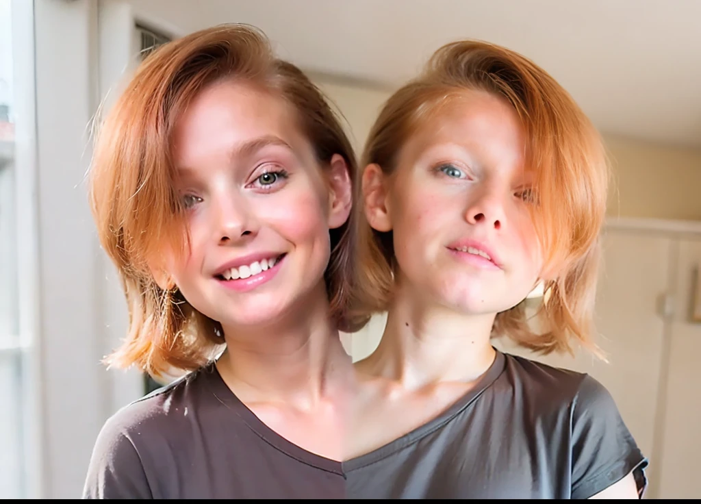 2heads, two headed girl, (child:1.5), (one torso:1.5), (female:1.5), (redhead:1.4), (ager:1.4), (caucasian:1.5), (two heads on one body:1.4), conjoined twins, heads side by side, one torso, young, uncomfortable, barefoot