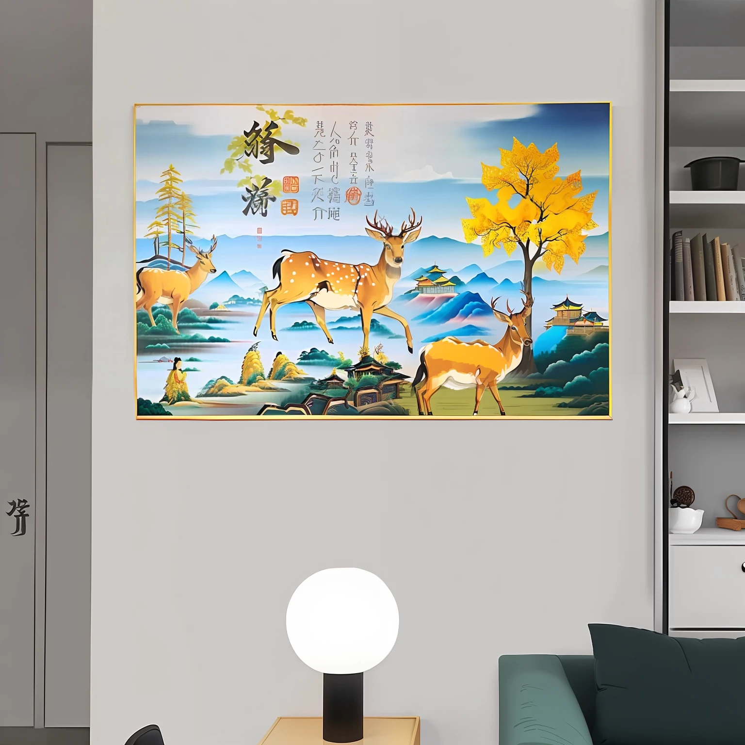 There is a painting of a woman and a deer, 64x64, 256x256, 2 5 6 x 2 5 6, Chinese style painting, 3 2 x 3 2, animation printed poster, 2023 4K, 8 k h 5 7 6, displayed on the walls, art poster