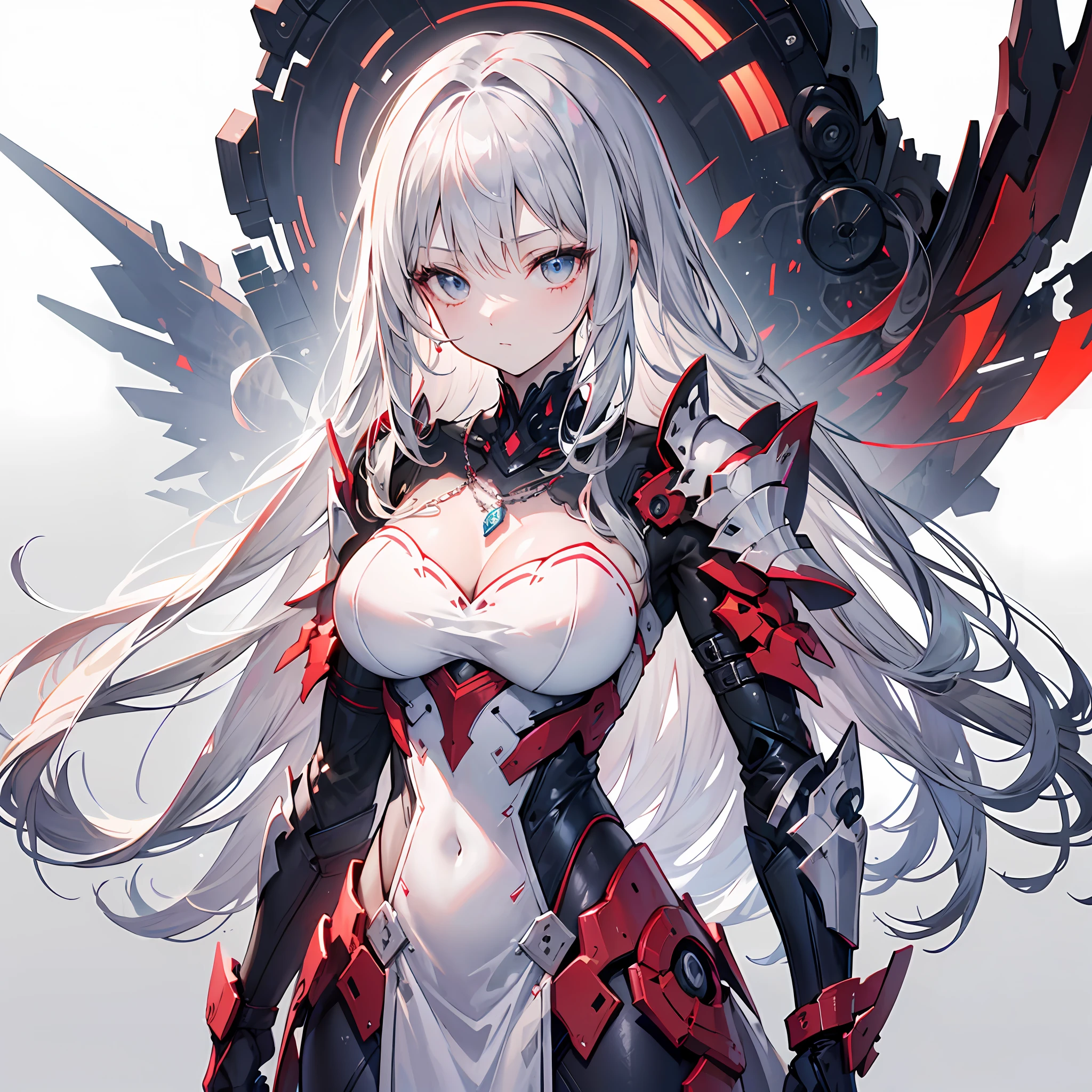 Cute adult girl standing ,girl upper body focus, [Full body armor], ((Plain gray background)),  pokerface, upright immovable, (1girl in:1.3), Bangs,a necklace ,facing front,  （Pure White armor), Super Detail, Crystal Silver Eyes,slender, masterful technique, Long hair, animetic, Solo, Silk White hair, High quality, MastetPiece,ultra-detailliert,[wide-hips] , Beautiful Girl, [Detail Face], detail hands, ultra detail eyes,nothing face emotion, Beautiful eyes