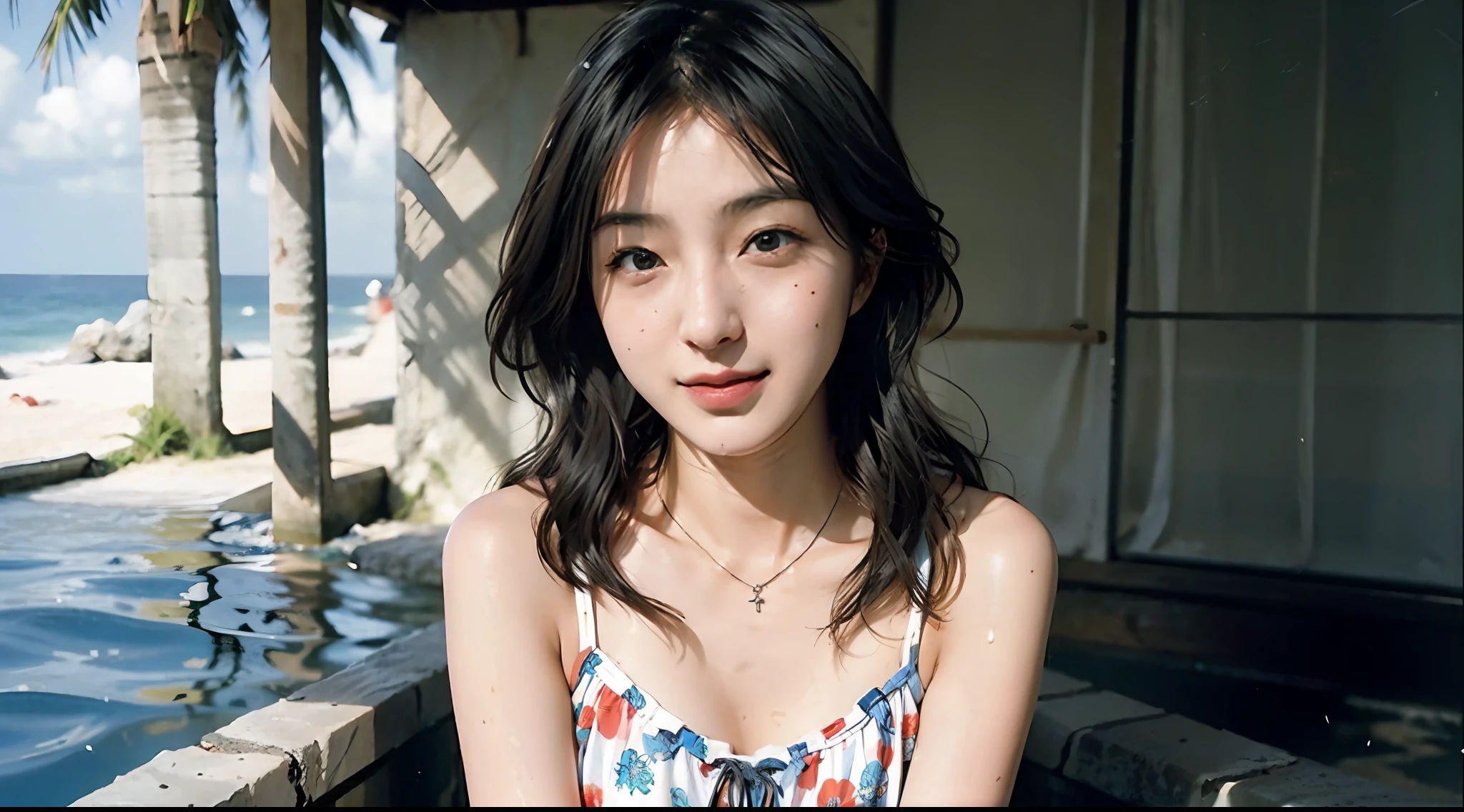 1girl in、japanes、Photorealsitic、beautiful and detailed face、viewer、simple background、独奏、Mare、The bikini、tiny chest、Tank tops。Sunnyday、summer vacation、the beach、(shorth hair、wet​)、a smile、电影灯光、movie、Japan drama、(a necklace)、耳Nipple Ring、From Mito, Japan、I love natto