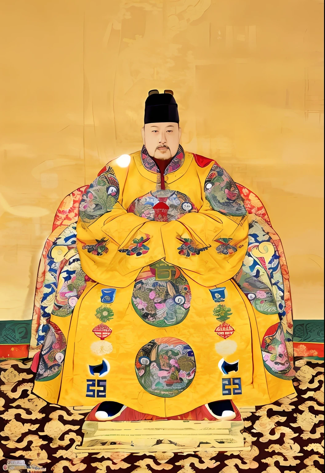 a drawing,A man in a yellow robe sits on a carpet, king in yellow, Emperor Shenzong of the Ming Dynasty, royal emperor, the king in yellow, Qing dynasty, Wearing ancient Chinese clothes, inspired by Xuande Emperor, Ming dynasty, wearing fancy clothes, proud emperor, Tang dynasty, Song Dynasty, Traditional Chinese clothing, wearing gilded robes, dressed as emperor --auto