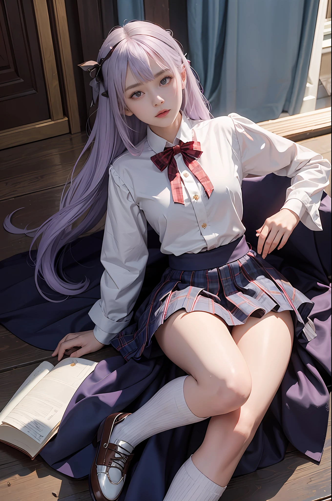 masterpiece, top-quality, 1 girl in、Students of the Magic School、short velvet robes、White classy shirt、Plaid pleated skirt、Red ribbons、White High Socks、Leather shoes、Height 120 cm、12year old、light purple hair、beautiful countenance、beautidful eyes、Slim body、small tits、magic school、Fantasia、in isekai、Medieval Europe、FULL BODYSHOT、Dynamic angles、