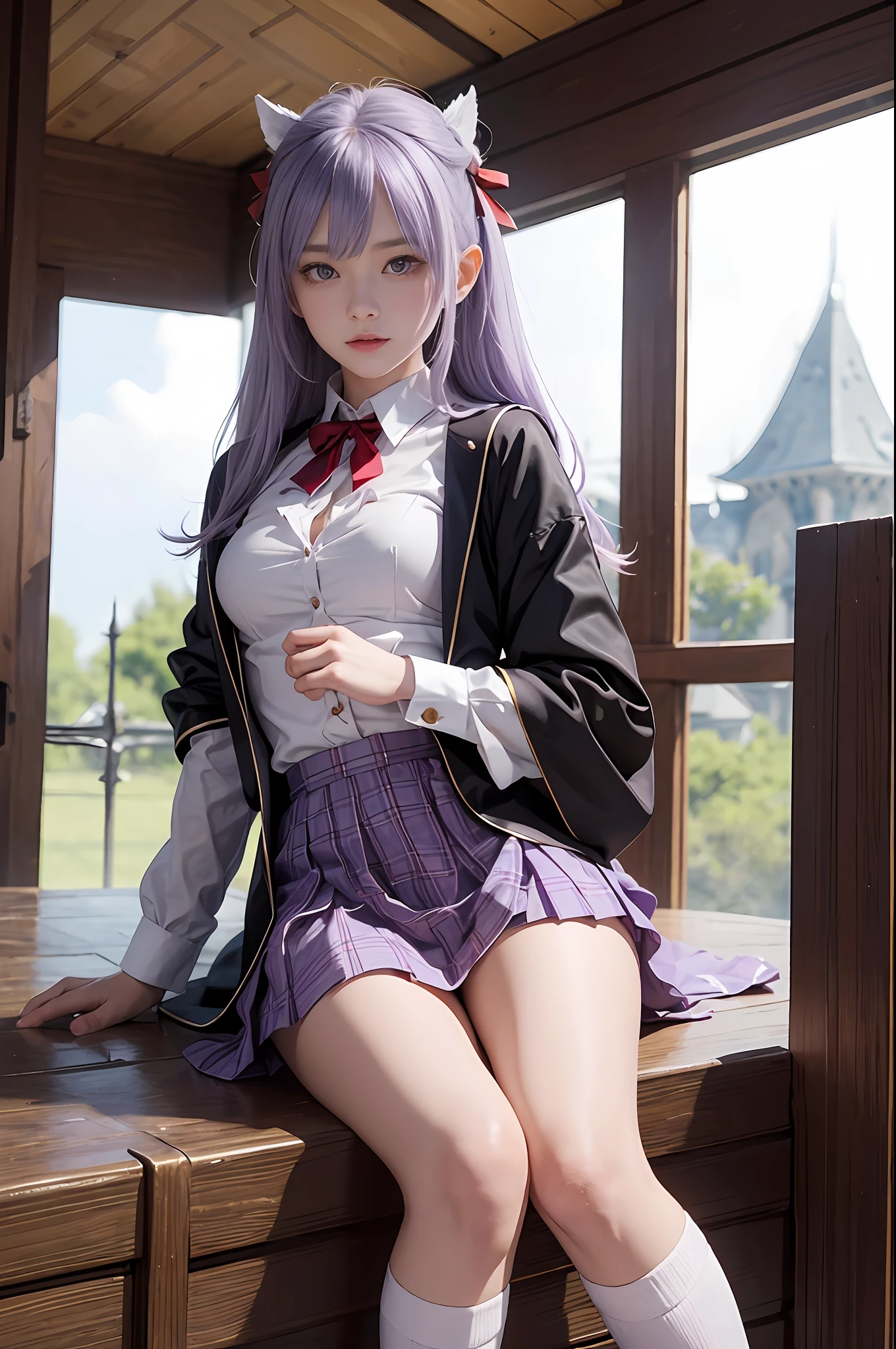 masterpiece, top-quality, 1 girl in、Students of the Magic School、short velvet robes、White classy shirt、Plaid pleated skirt、Red ribbons、White High Socks、Leather shoes、Height 120 cm、12year old、light purple hair、beautiful countenance、beautidful eyes、Slim body、small tits、magic school、Fantasia、in isekai、Medieval Europe、FULL BODYSHOT、Dynamic angles、