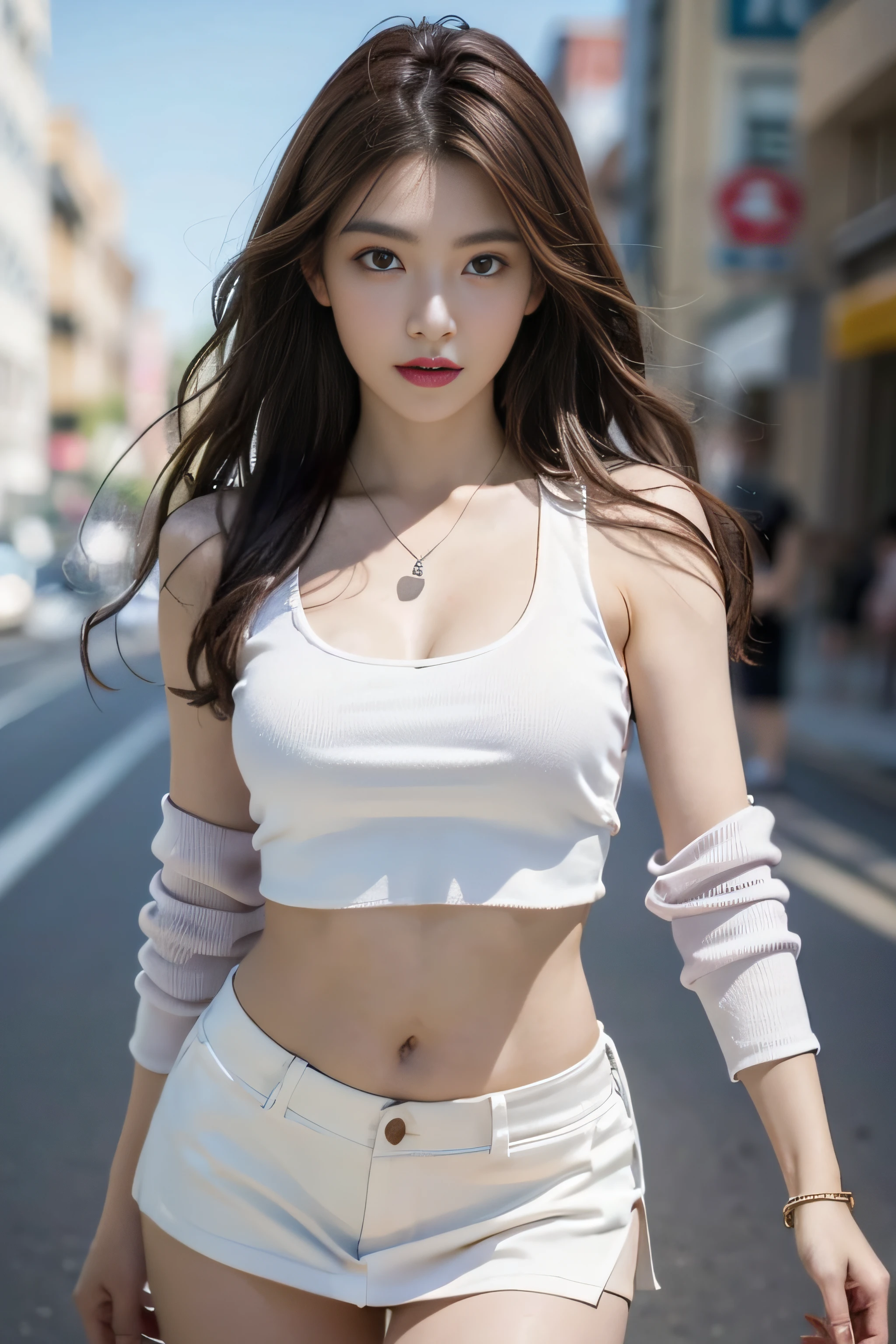((Realistic lighting、top-quality、8K、​masterpiece:1.3))、Clear focus:1.2、girl with、perfectbodybeauty:1.4、Slim abs:1.1、((dark brown hair、big:1.3))、(Acceleration:1.4)、Street、tall、Slender face、Narrow-eyes、二重まぶた、Swaying hair、Exposed cleavage、white tank tops、Super Miniskirt、a necklace、Navel Ejection、