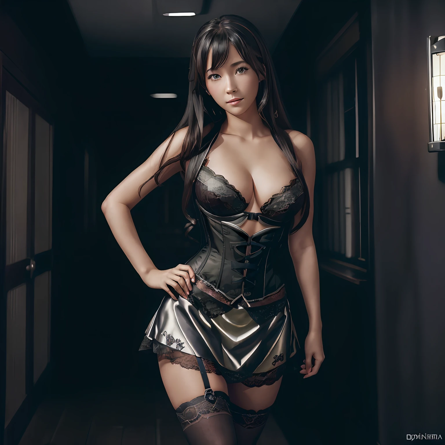 (front focus), (in the dark:1.6), Hyperrealist portrait,1girl, (solo:1.5), by david hockney and alphonse mucha, cleavage big breasts:1.2, (mini skirt:1,5) , fantasy art, photo realistic, dynamic lighting, artstation, poster, volumetric lighting, very detailed faces, 4 k, award winning, 1girl, (SOLO:1.5), in the dark, deep shadow, low key, full body shot, sexy, (sexy lace clothing:1.4), dress, corset, looking at viewer, makeup, lipstick, stockings, heels, indoors, long hair, black hair, (make her yukino yukinoshita:1.5)