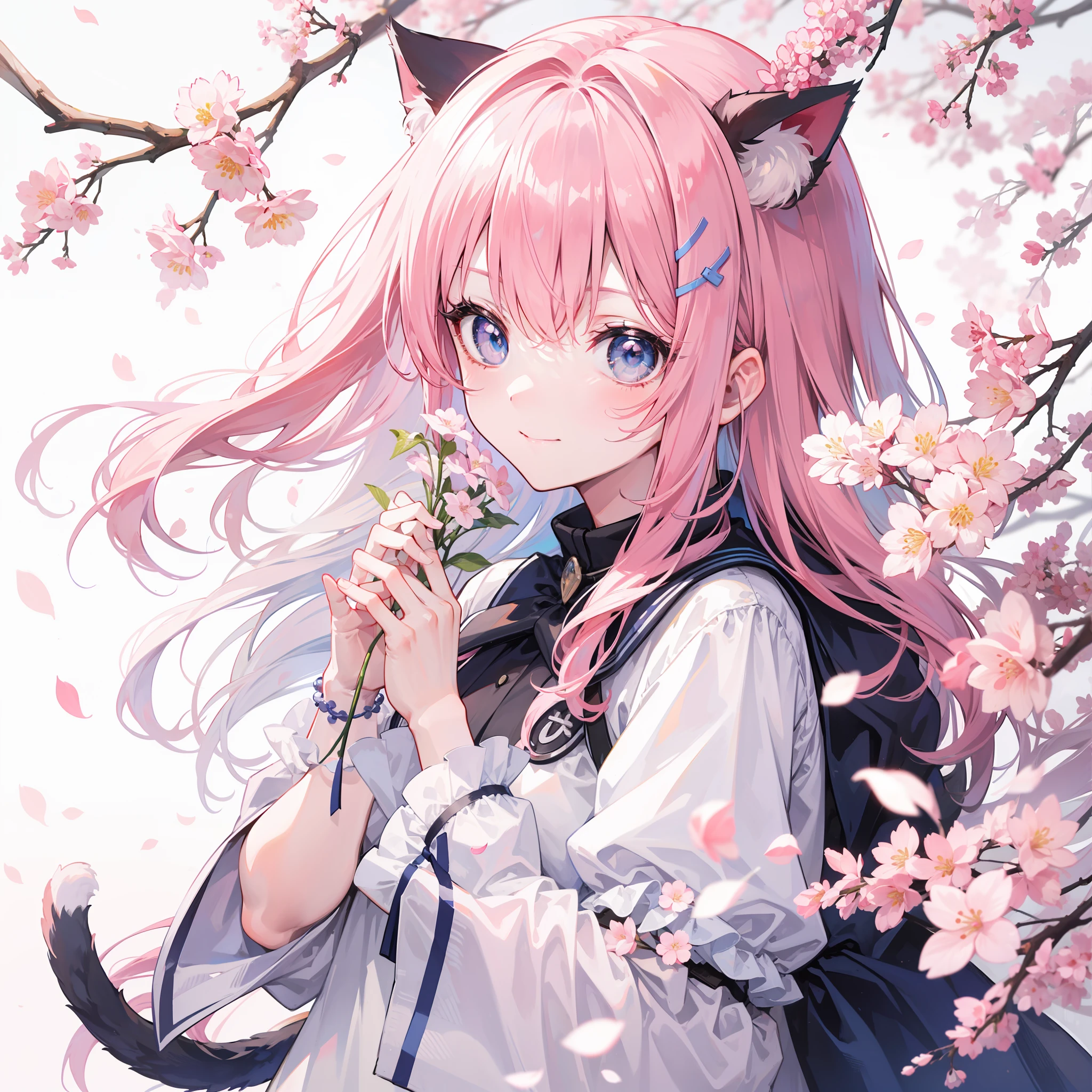 Pale pink hair、blueneyes、Cat ears、Sideslit、ssmile、Flowers in hand、Under the cherry blossoms，