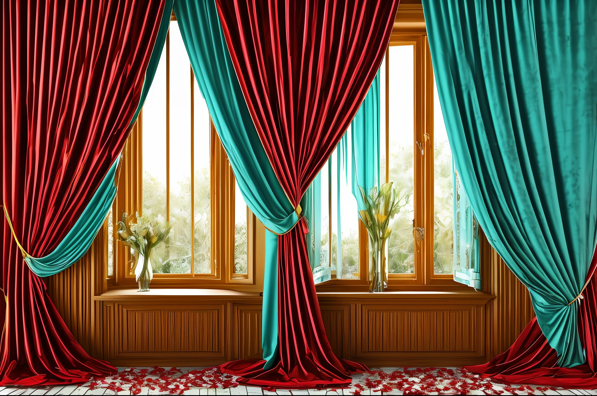(artwork, high-quality photography), there is a room with a red curtain and (a vase of flowers), baroque style painting background, (beautiful curtains), background made of large curtains, red, turquoise and red venetian blinds, elegant and ornate, ornate and elegant, baroque interior, photo of a beautiful window, ornate background, elegant baroque, alizarin curtains, royal interior, wrapped in velvet and flowers
