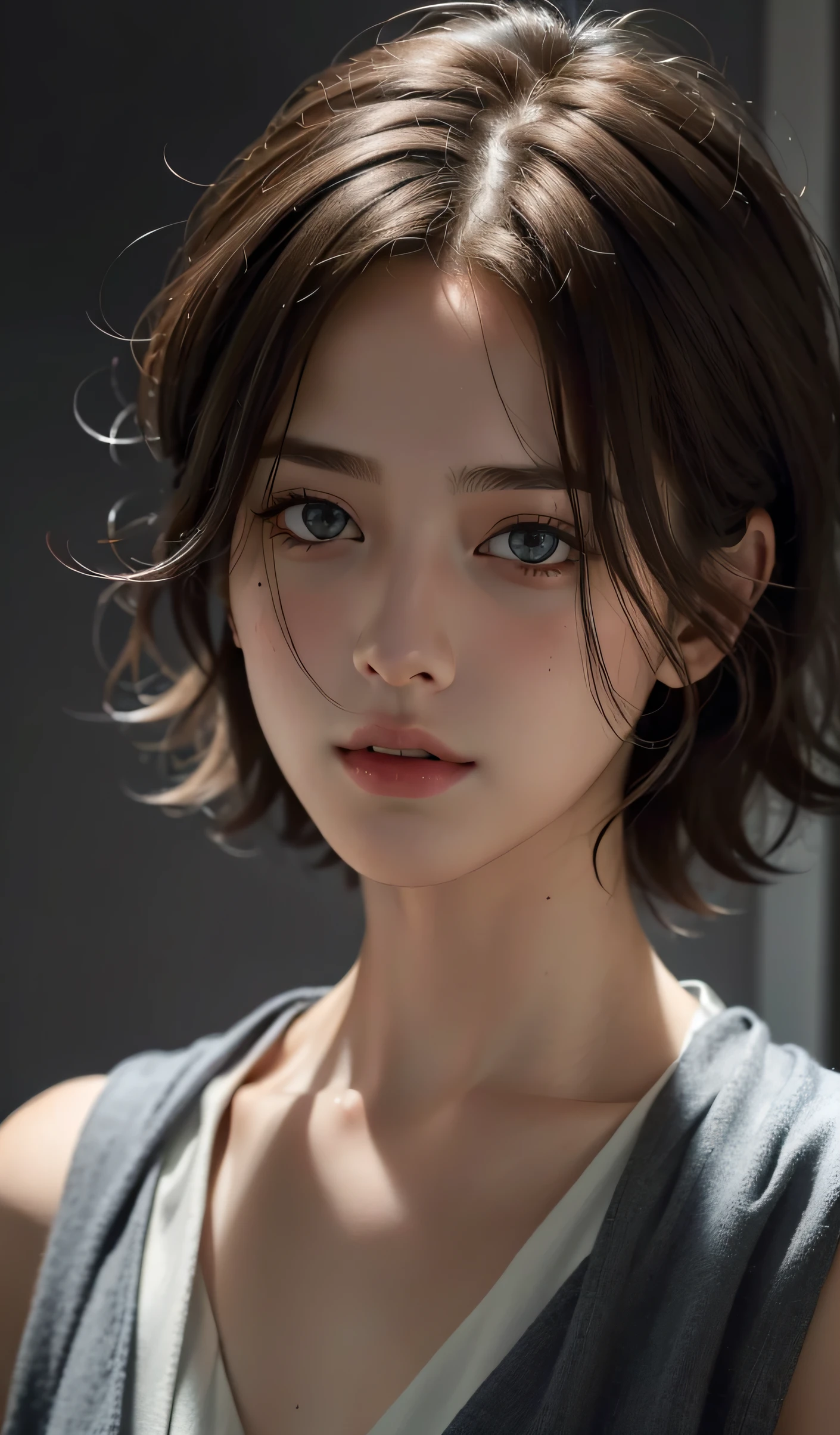Best quality, masterpiece, ultra high res, (photorealistic:1.5), raw photo, 1girl, in the dark, deep shadow, low key, cold light, sexy look, short hair, super real, natural, half body,side, real human face, natural, breath to life