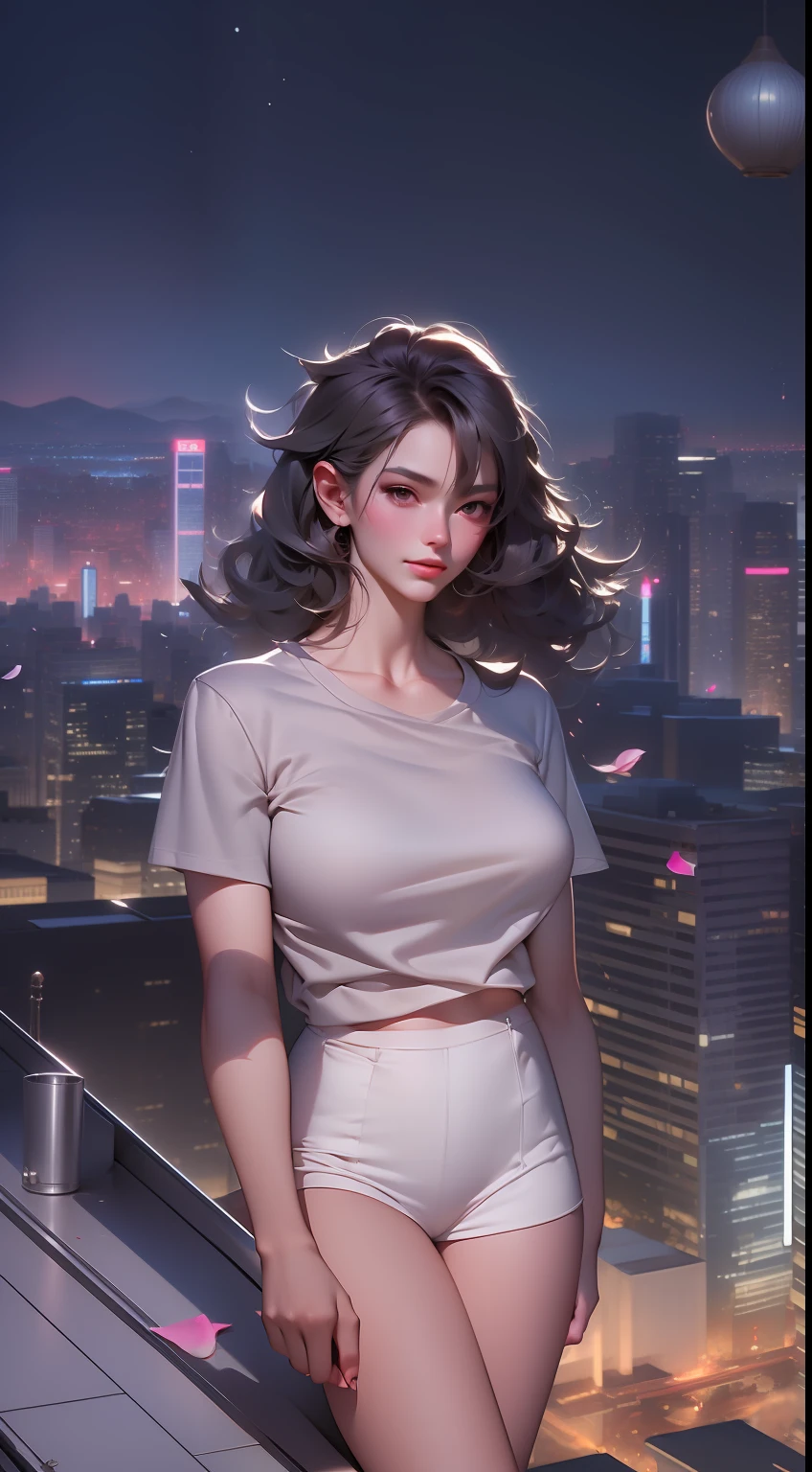 ((Midnight, Best quality, 8k, Masterpiece :1.3)), Whole body, Long legs, Sharp focus :1.2, A pretty woman with perfect figure :1.4, Slender abs :1.1, ((Dark brown hair, Big breasts :1.2)), (White tight tshirt, Jean bib, Standing:1.2), ((Night city view, Rooftop:1.3)), Highly detailed face and skin texture, Detailed eyes, Double eyelid,( watercolor \(medium\), IrisCompiet:1.2),abstract background, fantasy, many colors, colorful, flower petals, wind blowing,masterpiece, best quality, (extremely detailed CG unity 8k wallpaper), (best quality), (best illustration), (best shadow), absurdres, realistic lighting, (Abyss), beautiful detailed glow,clear face, clean white background, masterpiece, super detail, epic composition, ultra HD, high quality, extremely detailed, official art, uniform 8k wallpaper, super detail, 32k -- v 6