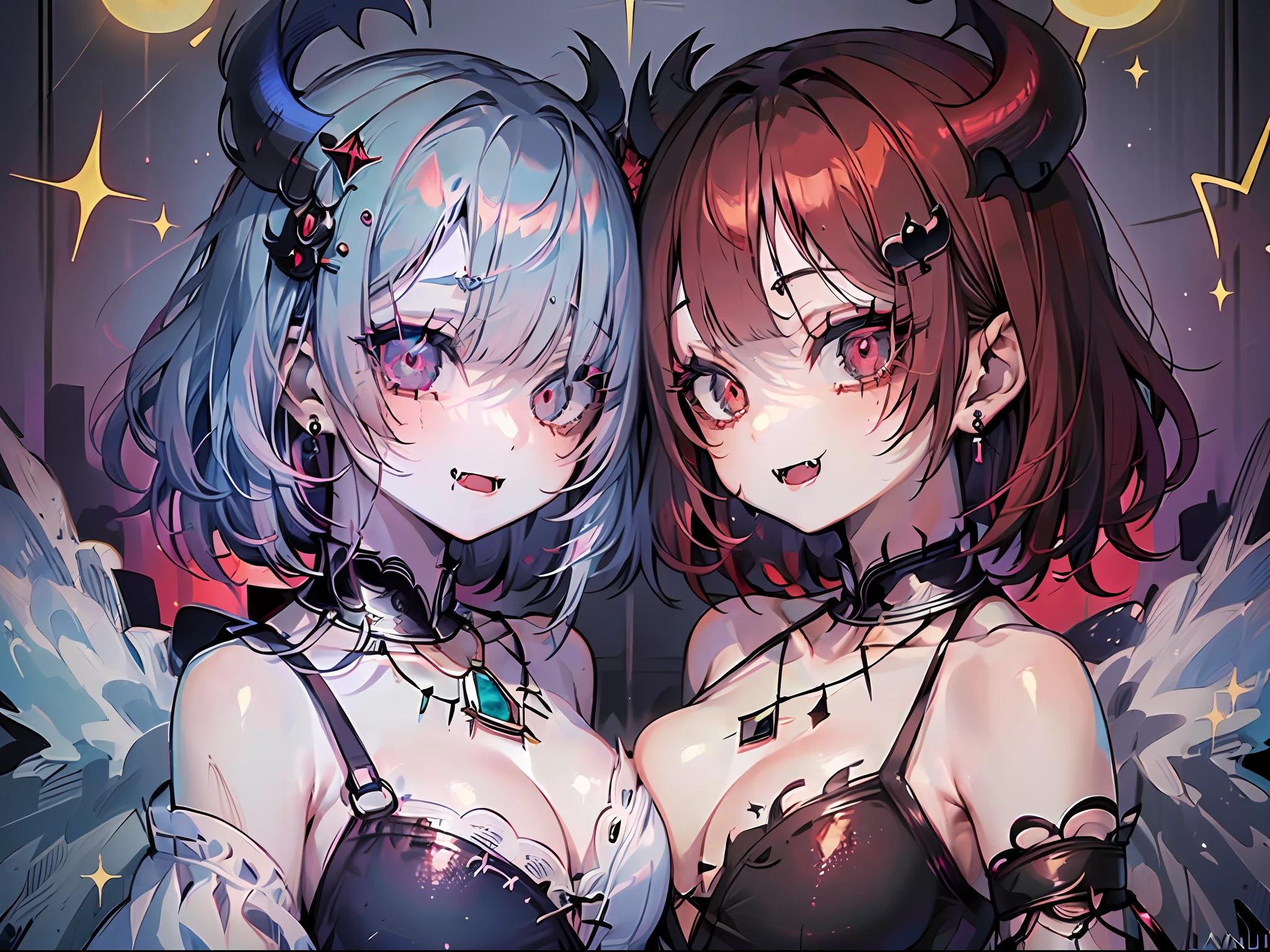 (Best Quality:1.3),4K,8K,8K Portrait,16 K,(masutepiece:1.2),(2girls:1.7),(twins:1.6),garnet,lapis lazuli,(maximalism:1.5),ultra-detailliert,absurderes,(very detailed beautiful face and eyes:1.3),
(dense beautiful hair:1.3),
Super cute girl,(bob cuts:1.4),(Girl with garnet eyes and red hair:1.3),(Girl with lapis lazuli eyes and light blue hair:1.3),(wearing a gothic dress:1.3),(Devil Wings:1.8),(devil horn:1.3),(Jewelry Hair Ornaments:1.6),(closes mouth:2.0),
(jewelry eyes:1.3),(Eyelashes:1.2),(symbol in eyes:1.3),(hight resolution, Twinkle,Glitter,Lens Flare,light Particle,Shining:1.3),