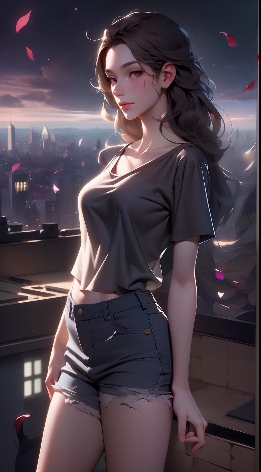 ((Midnight, Best quality, 8k, Masterpiece :1.3)), Whole body, Long legs, Sharp focus :1.2, A pretty woman with perfect figure :1.4, Slender abs :1.1, ((Dark brown hair, Big breasts :1.2)), (White tight tshirt, Jean bib, Standing:1.2), ((Night city view, Rooftop:1.3)), Highly detailed face and skin texture, Detailed eyes, Double eyelid,( watercolor \(medium\), IrisCompiet:1.2),abstract background, fantasy, many colors, colorful, flower petals, wind blowing,masterpiece, best quality, (extremely detailed CG unity 8k wallpaper), (best quality), (best illustration), (best shadow), absurdres, realistic lighting, (Abyss), beautiful detailed glow,clear face, clean white background, masterpiece, super detail, epic composition, ultra HD, high quality, extremely detailed, official art, uniform 8k wallpaper, super detail, 32k -- v 6