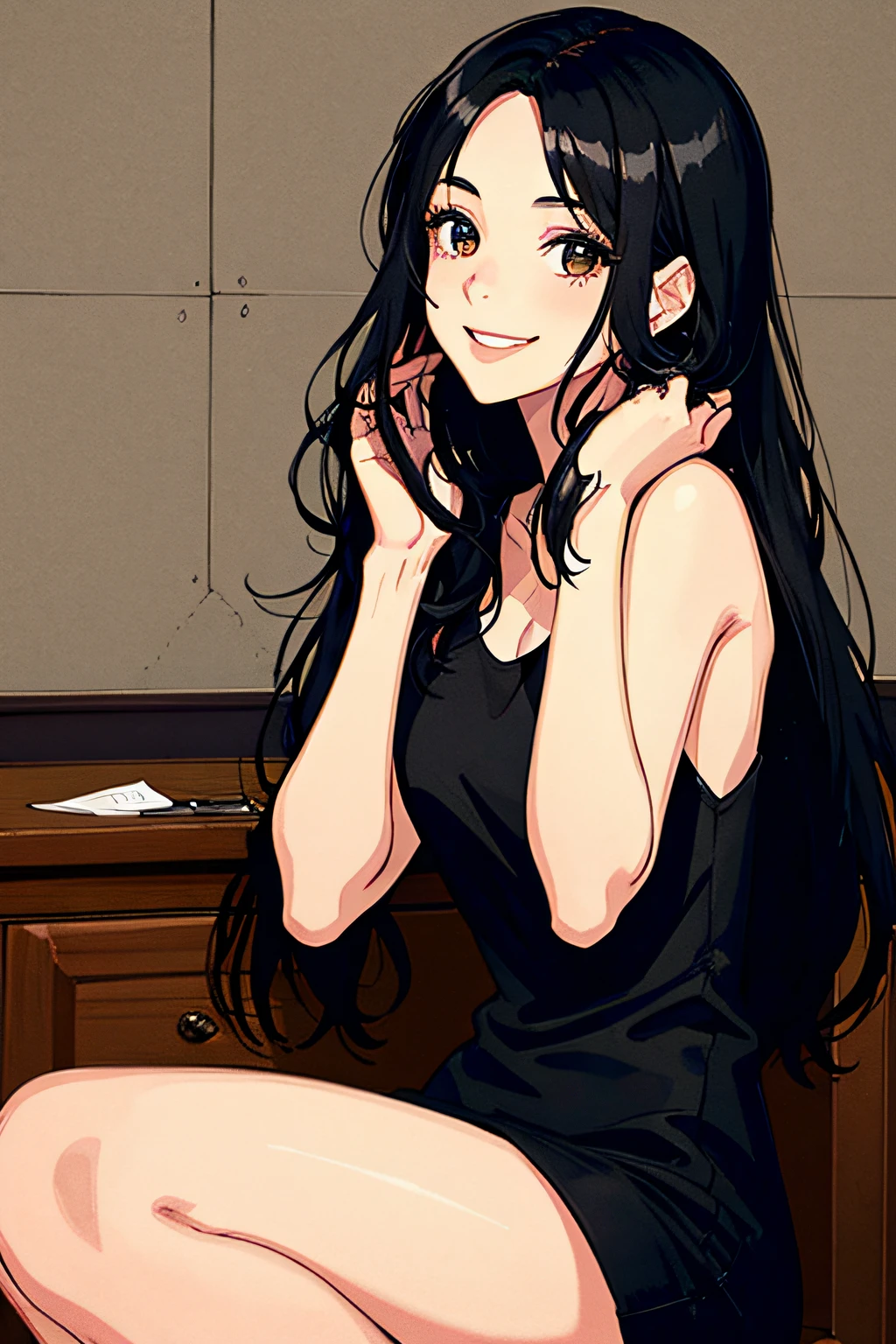 1girl, long black hair, smiling, yeah anything you put here should be good