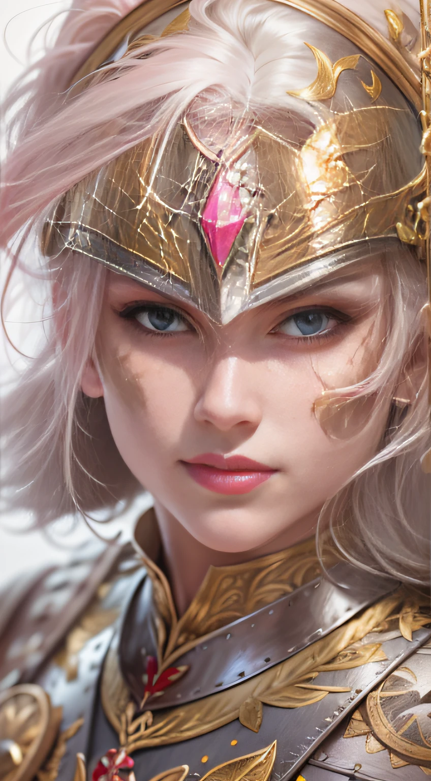 Female warriors wear realistic European armor decorated with intricate gold and silver,Strong bare arms holding a knife::3, Pantomime face painting in pink and white::4, She smiled and smiled::2 --ar 9:16 --v 5 -- No role-playing