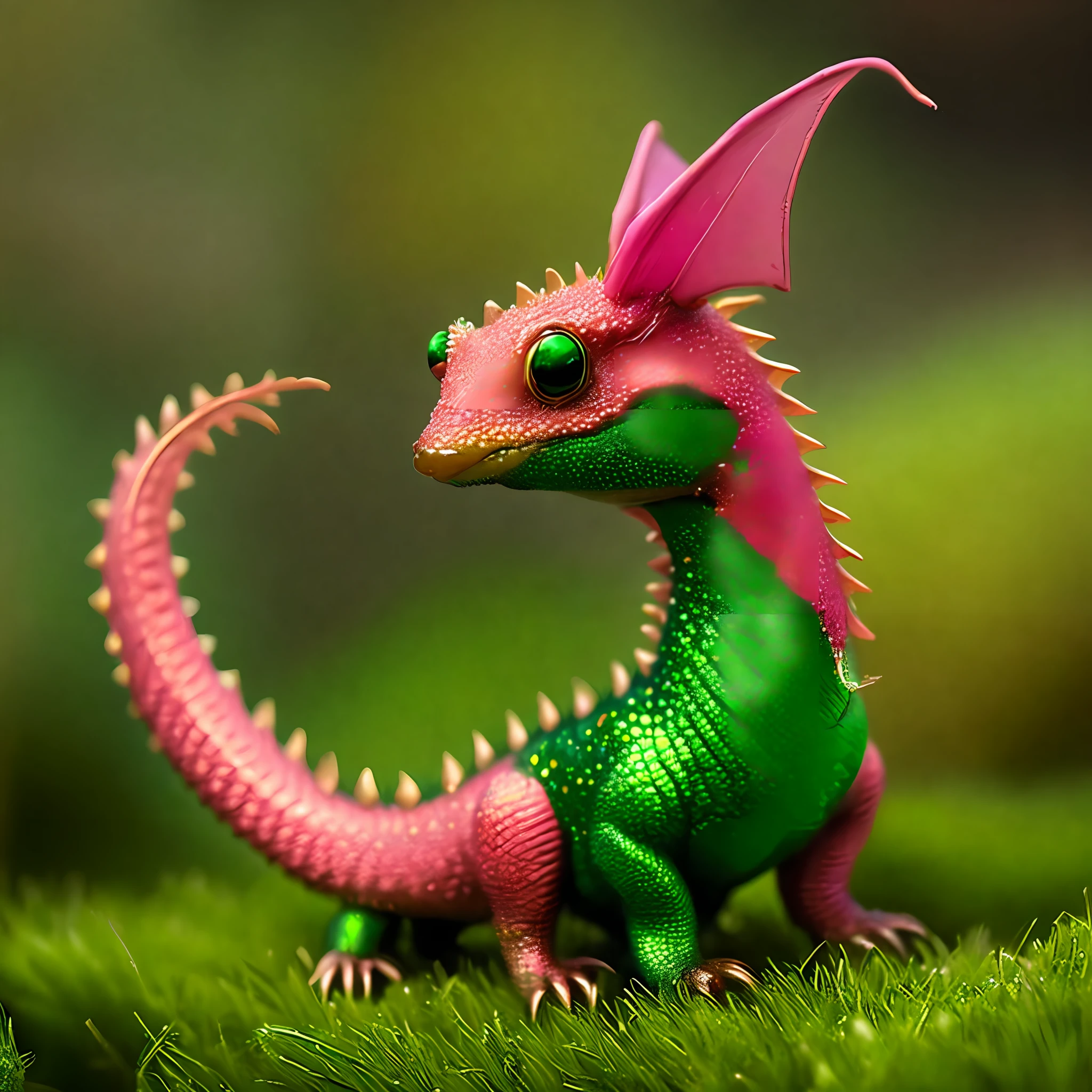 Extremely small dragon, the size of a dachshund, a flickering, forked tongue, very pink gums, no tooth, enormous, innocent, grass-green eyes, absurdly long eyelashes, prickly spines, deep emerald green in colour, fading to a shimmering pearl on his tummy like a mackerel, lightly sprinkled with pale brown freckles