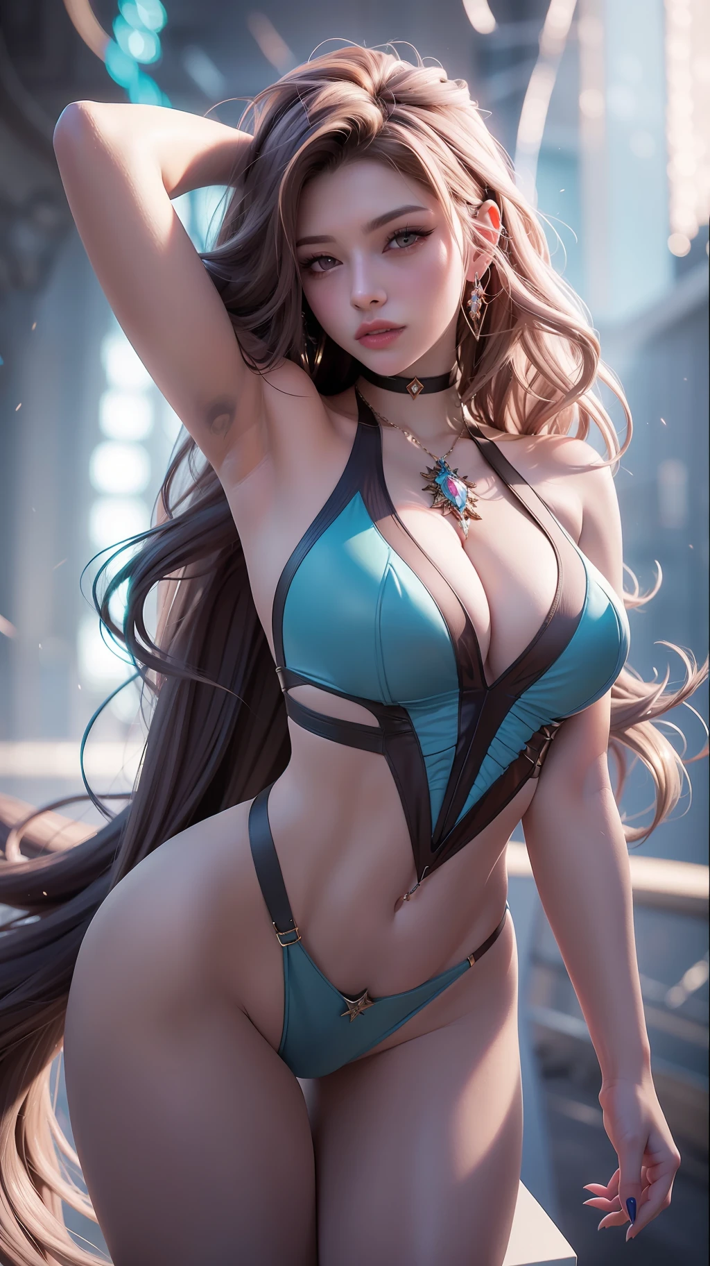 (Photorealistic: 2.5), complex 3D rendering, ultradetailed, beutiful, (Cutaneous tooth: 1.5), (Masterpiece, Top Quality, Octane rendering, 8K), Glamorous full-length shots, Very beautiful young woman , One gorgeous girl, fantasy transparent outfit by Jean Paul Gaultier, long braided blonde hair, Only blonde hair, Photorealistic full-length portrait of enchantress, ideal GF with beautiful spiritualized noble face, perfect female figure, clear contour of breasts, Breast areola showing through the fabric of clothing, sensual full lips, the embodiment of sensuality and desire, perfect breasts, long hair falling in soft waves, spectacular pose, trending on Behance & artstation & Cgsociety & DeviantArt, Futuristic urban background, facial muscles, Clear Focus, Studio photography, intricate details, Highly detailed, A detailed eye, Illustrations, Very detailed, sharp-focus, Digital Rendering, photorealistic ideal body, realistic shaded perfect body, seductive, Sexy, glossy skin, art by WLOP feat Michael Garmash under influence of Konstantin Razumov and Rebecca Guay, Highly detailed, neon Light , sfw, Soft lighting, ((mystical vibe))!!, No text