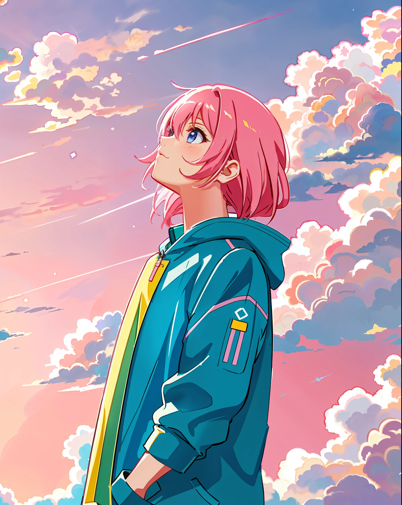 space cadet girl, ((evening sky)), pink clouds, landscape