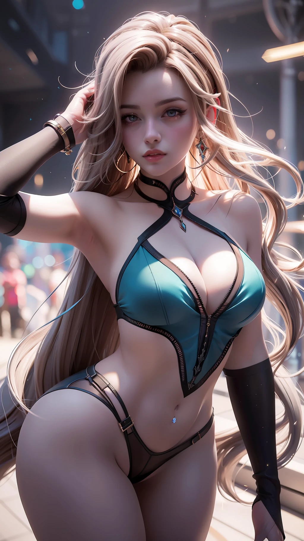 (Photorealistic: 2.5), complex 3D rendering, ultradetailed, beutiful, (Cutaneous tooth: 1.5), (Masterpiece, Top Quality, Octane rendering, 8K), Glamorous full-length shots, Very beautiful young woman , One gorgeous girl, fantasy transparent outfit by Jean Paul Gaultier, long braided blonde hair, Only blonde hair, Photorealistic full-length portrait of enchantress, ideal GF with beautiful spiritualized noble face, perfect female figure, clear contour of breasts, Breast areola showing through the fabric of clothing, sensual full lips, the embodiment of sensuality and desire, perfect breasts, long hair falling in soft waves, spectacular pose, trending on Behance & artstation & Cgsociety & DeviantArt, Futuristic urban background, facial muscles, Clear Focus, Studio photography, intricate details, Highly detailed, A detailed eye, Illustrations, Very detailed, sharp-focus, Digital Rendering, photorealistic ideal body, realistic shaded perfect body, seductive, Sexy, glossy skin, art by WLOP feat Michael Garmash under influence of Konstantin Razumov and Rebecca Guay, Highly detailed, neon Light , sfw, Soft lighting, ((mystical vibe))!!, No text