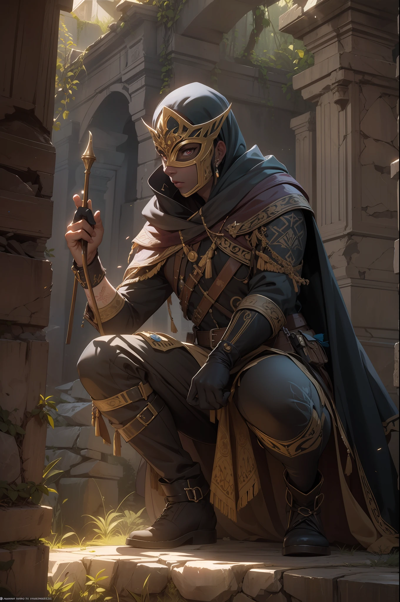 A masked male ranger crouched in the shadows of an ancient ruin, his eyes glowing with a hint of magic. His bow is adorned with intricate carvings, hinting at a deeper connection to the arcane. The ruins are adorned with mystical symbols, and soft rays of light break through the cracks, revealing a sense of ancient wisdom. ray tracing, trending on artstation, masterpiece, best quality, intricate detail, 8k, digital painting, art by Magali Villeneuve, concept art, illustration, volumetric lighting, Unreal Engine 5