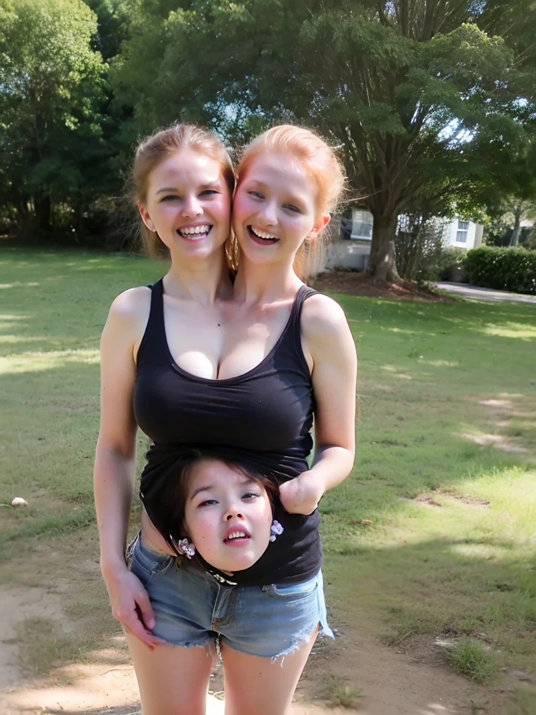 2heads, two headed girl, (child:1.5), (one torso:1.5), (female:1.5), (redhead:1.4), (ager:1.4), (caucasian:1.5), (two heads on one body:1.4), conjoined twins, heads side by side, one torso, young, uncomfortable, barefoot