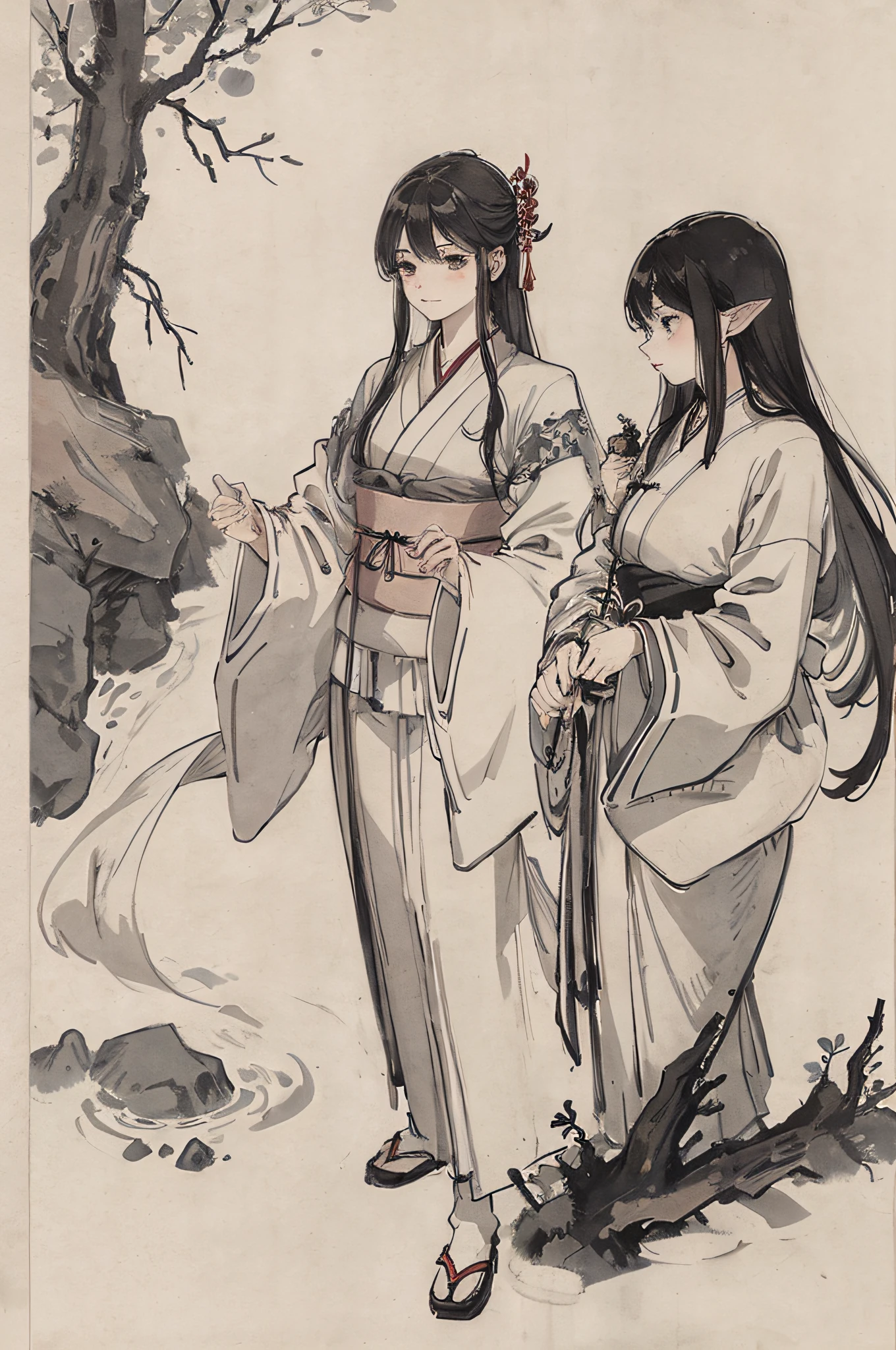 (​masterpiece、top-quality:1.2)、Traditional Chinese Ink Painting、elvish、delicate expression、Ethereal atmosphere、Flowing lines、Flexible brush touch、Graceful maiden、Mystical rays、Japanese style background、natural beauty、Moonlight