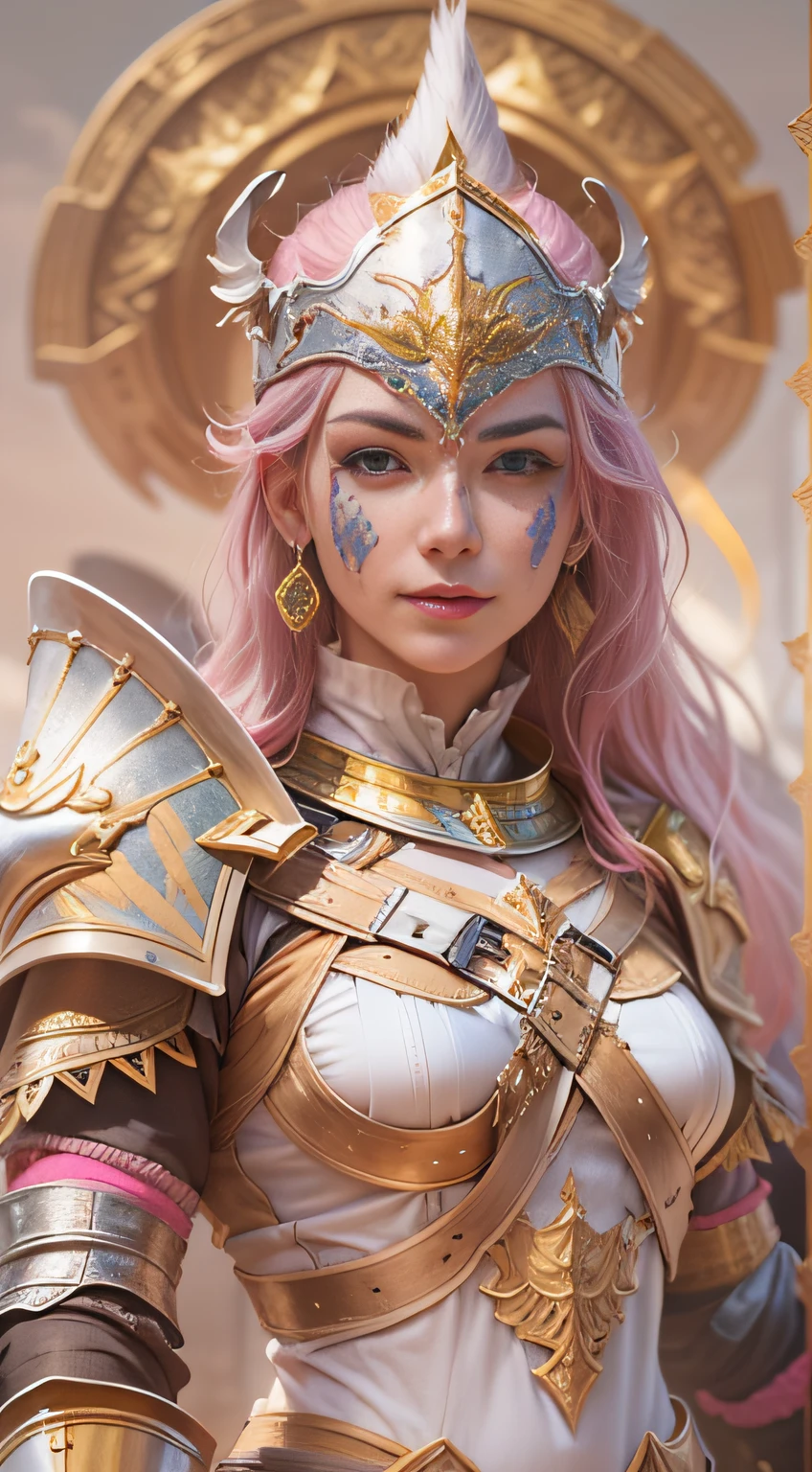 Female warriors wearing realistic European armor,Decorated with intricate gold and silver,Strong bare arm holding a knife::3, Pantomime face painting in pink and white::4, She smiled::2 --ar 9:16 --v 5 -- Role-playing prohibited